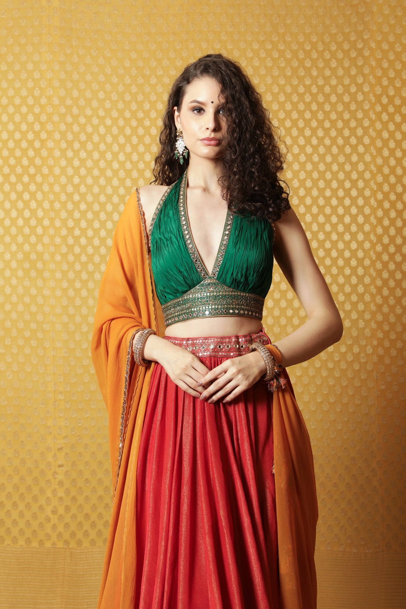 Hand-Embroidered Red-Green-Mustard Lehenga-Blouse-Dupatta Set