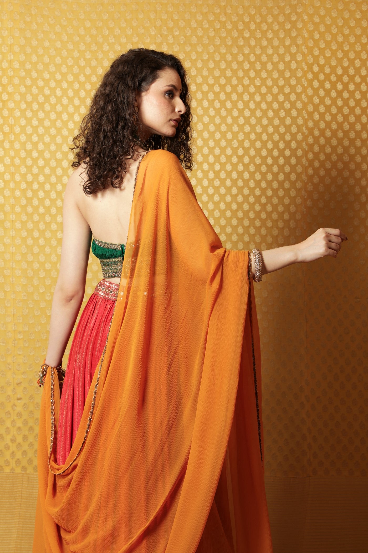 Hand-Embroidered Red-Green-Mustard Lehenga-Blouse-Dupatta Set