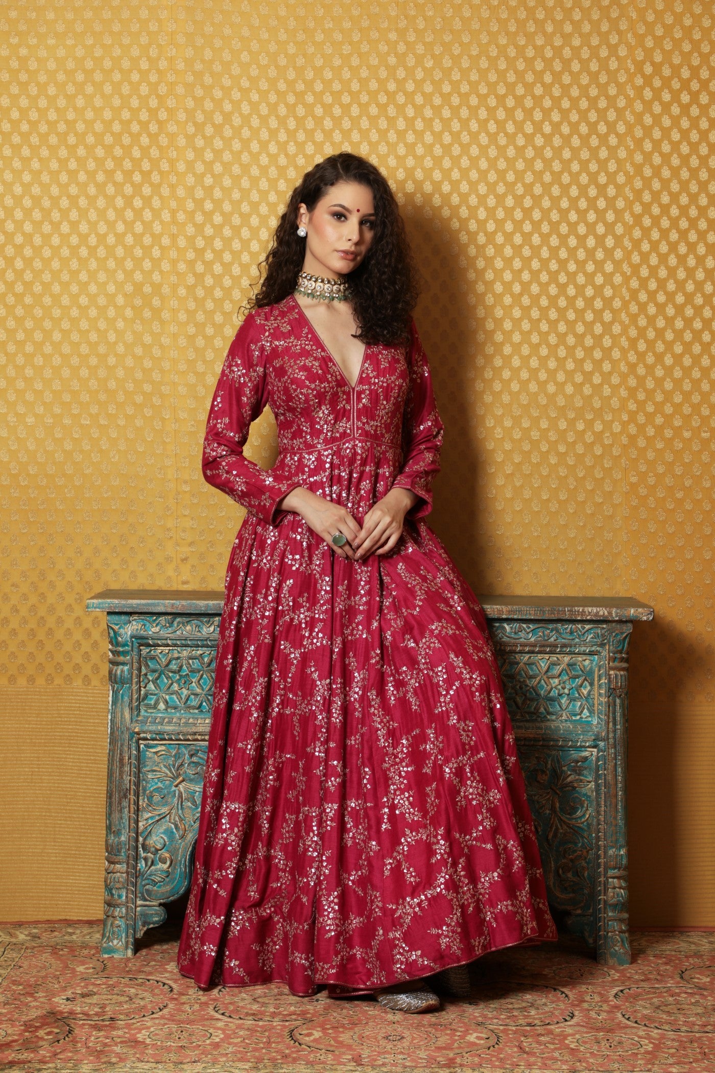 Hand-Embroidered Fuchsia-Pink Pure Muga-Silk Anarkali Dress