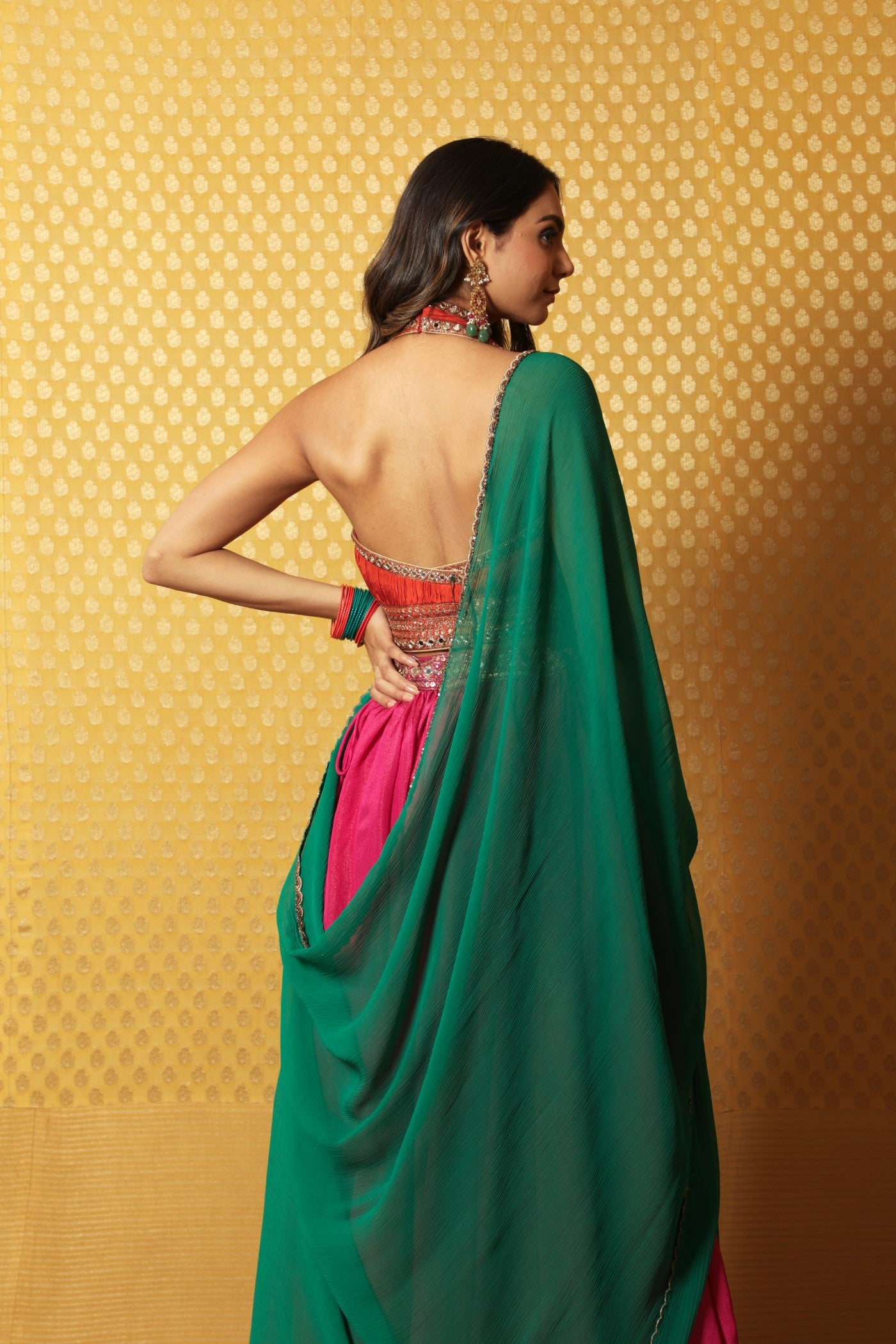 Hand-Embroidered Pink-Orange-Green Lehenga-Blouse-Dupatta Set