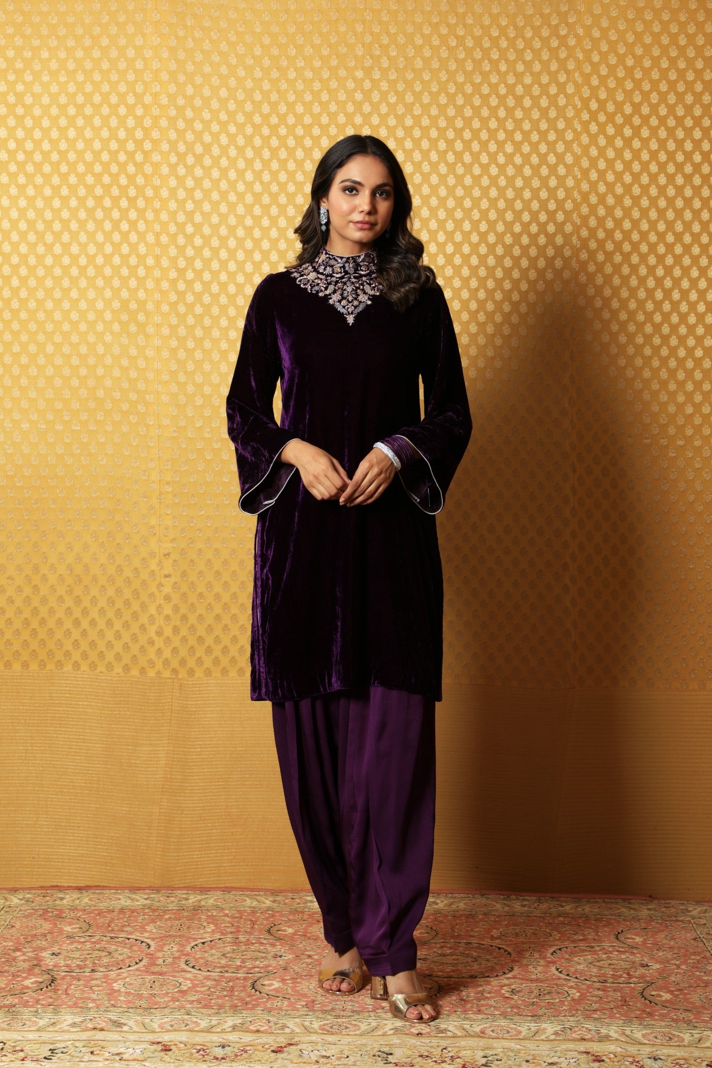 Dark-Purple Hand-Embroidered Pure Silk Velvet Short Kurta Salwar Set