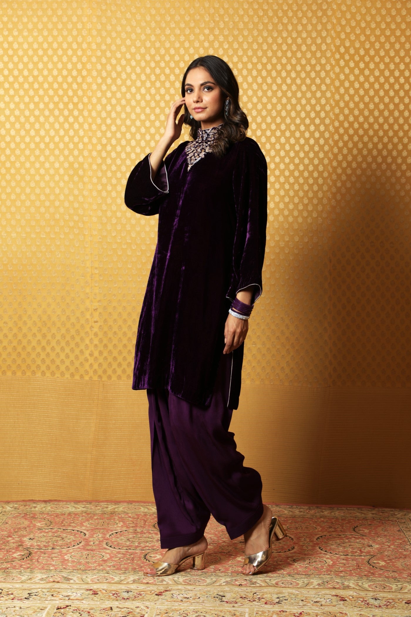 Dark-Purple Hand-Embroidered Pure Silk Velvet Short Kurta Salwar Set