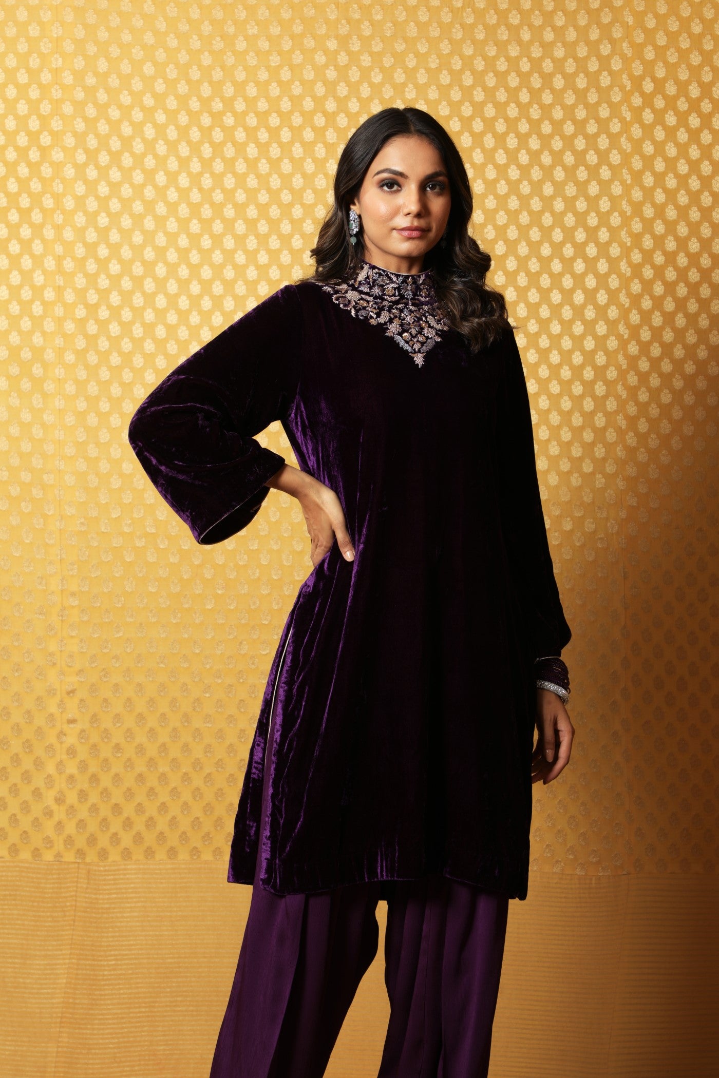 Dark-Purple Hand-Embroidered Pure Silk Velvet Short Kurta Salwar Set