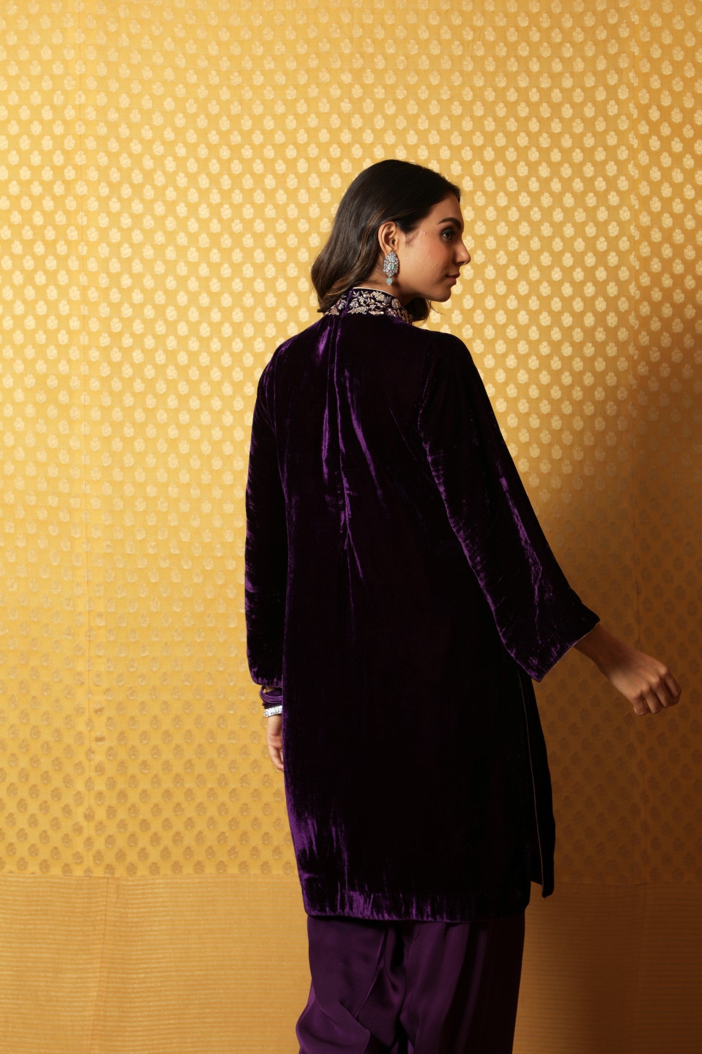 Dark-Purple Hand-Embroidered Pure Silk Velvet Short Kurta Salwar Set