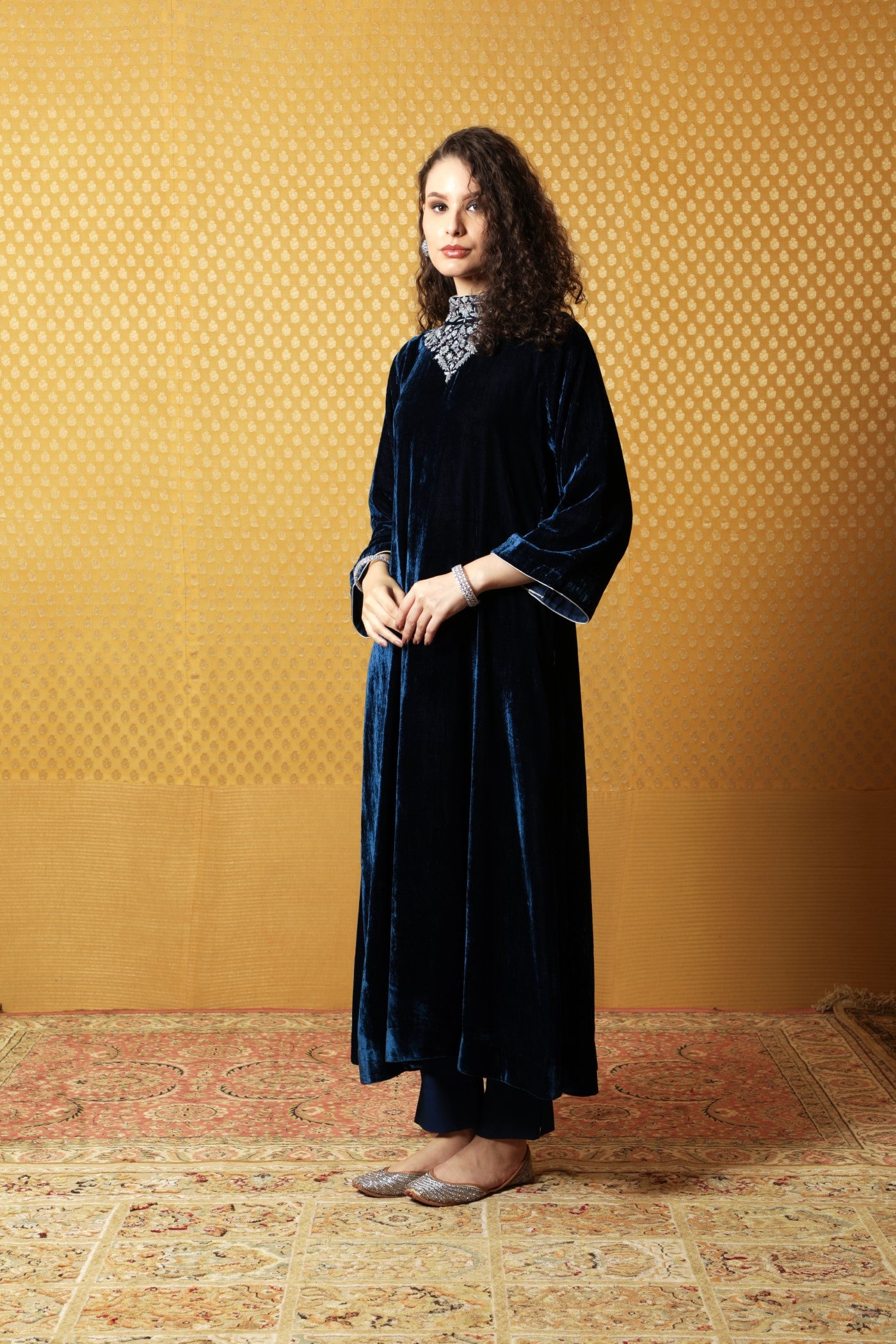 Midnight-Blue Hand-Embroidered Pure Silk Velvet Long Kurta Pants Set