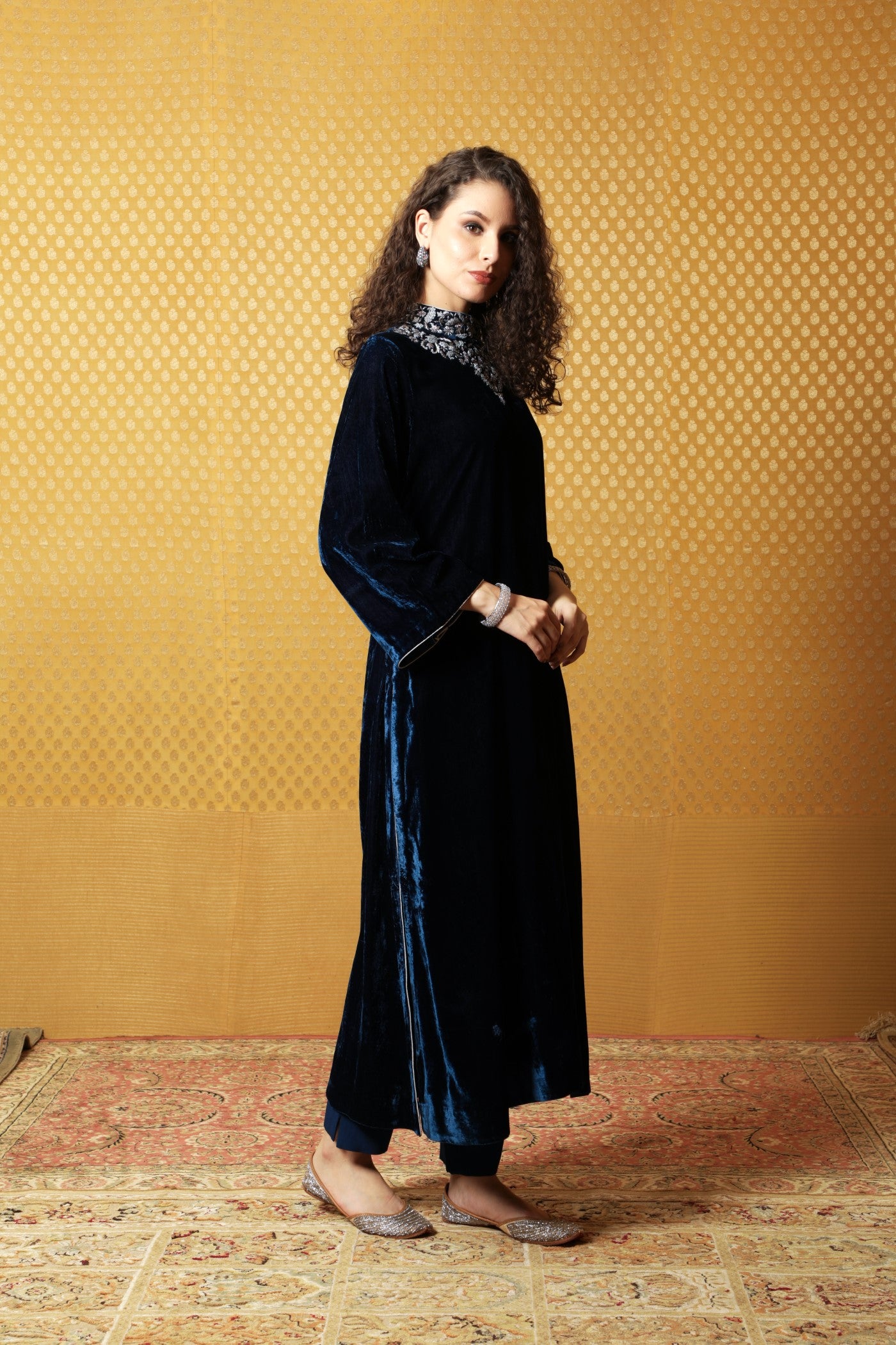 Midnight-Blue Hand-Embroidered Pure Silk Velvet Long Kurta Pants Set