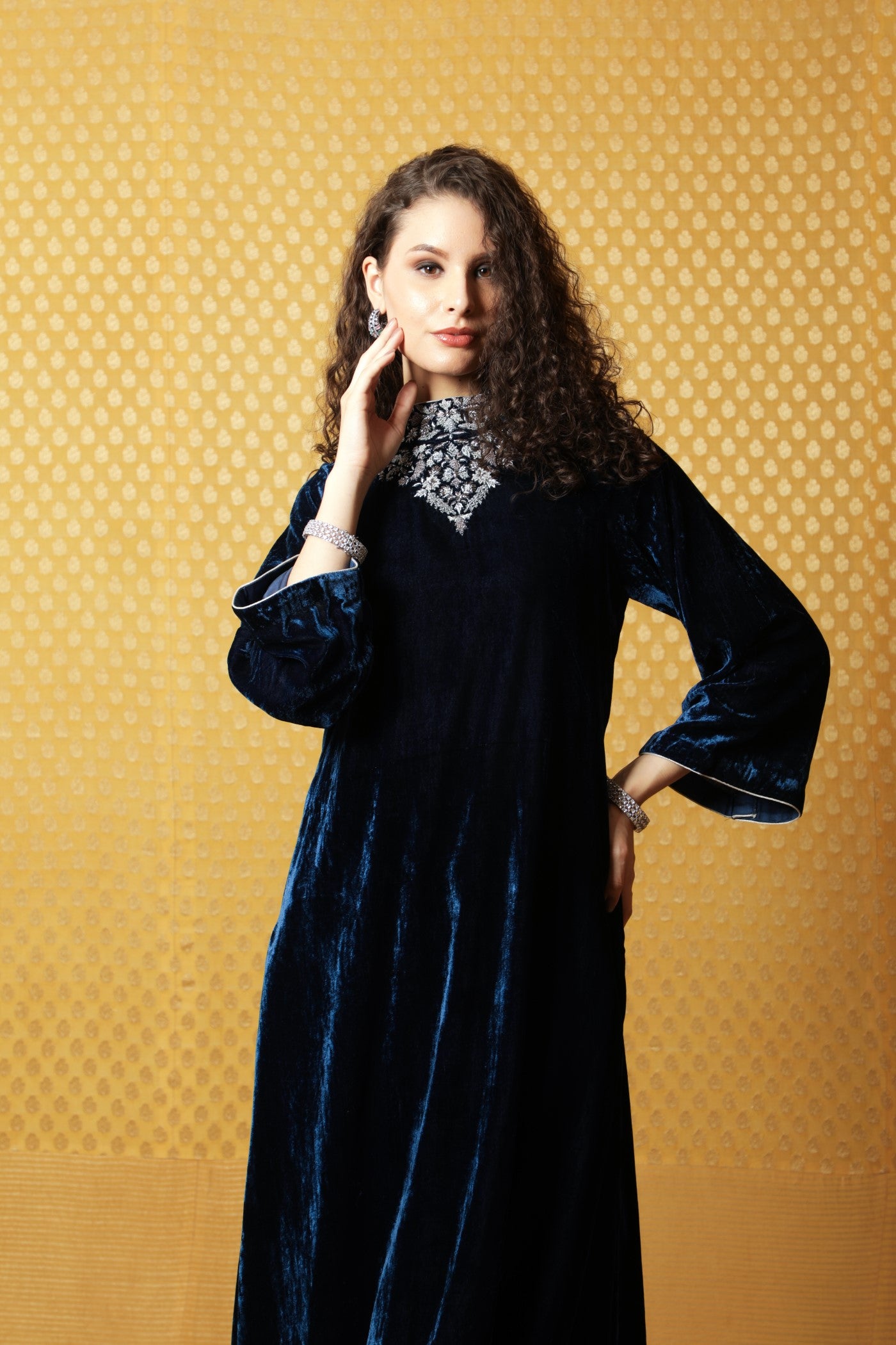 Midnight-Blue Hand-Embroidered Pure Silk Velvet Long Kurta Pants Set