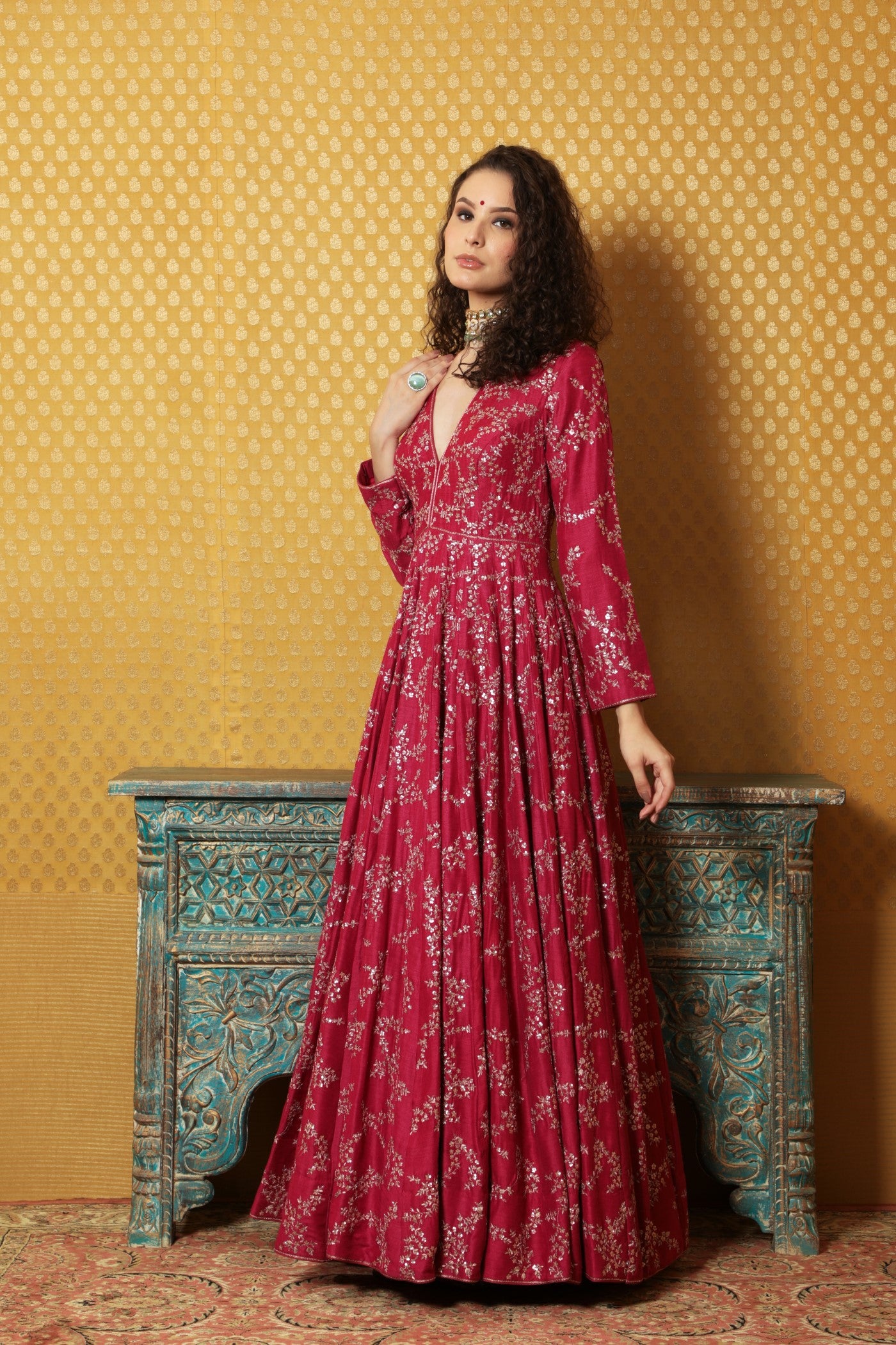 Hand-Embroidered Fuchsia-Pink Pure Muga-Silk Anarkali Dress