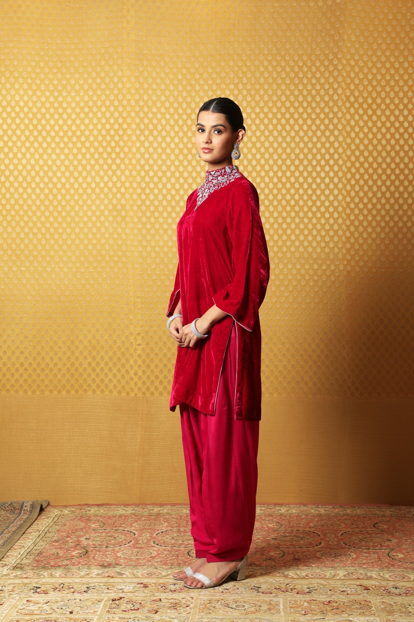 Bright-Pink Hand-Embroidered Pure Silk Velvet Short Kurta Salwar Set