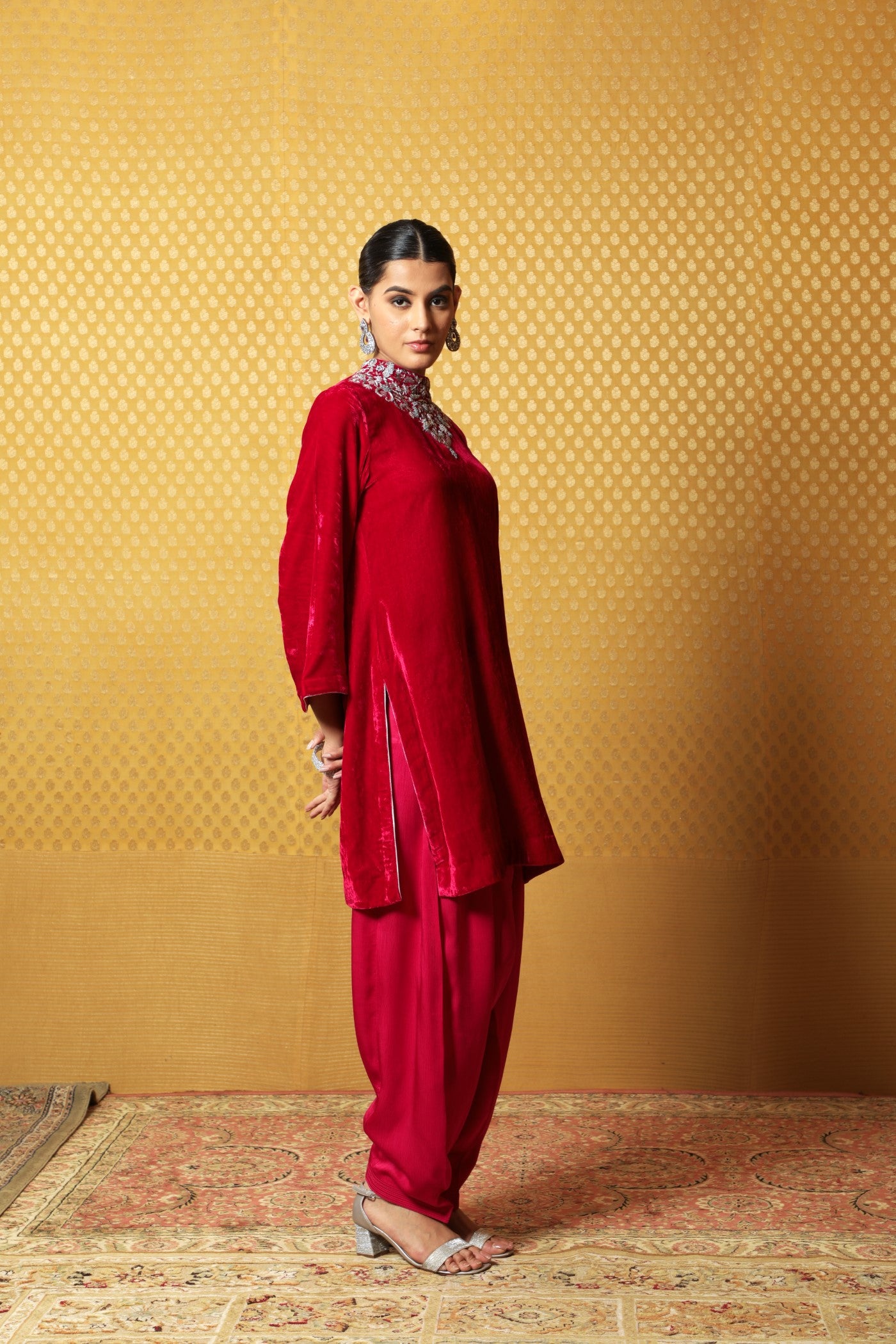 Bright-Pink Hand-Embroidered Pure Silk Velvet Short Kurta Salwar Set