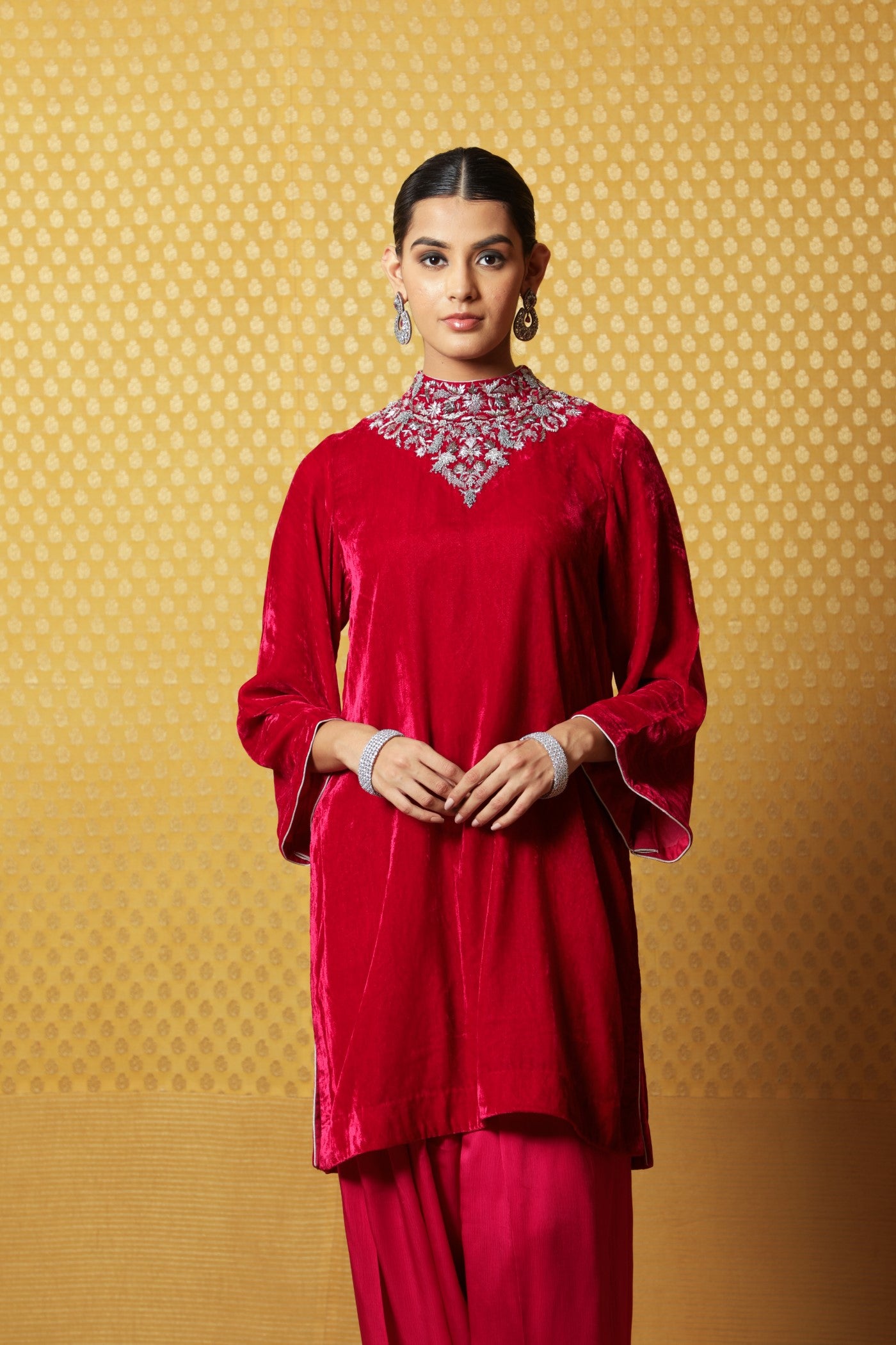Bright-Pink Hand-Embroidered Pure Silk Velvet Short Kurta Salwar Set