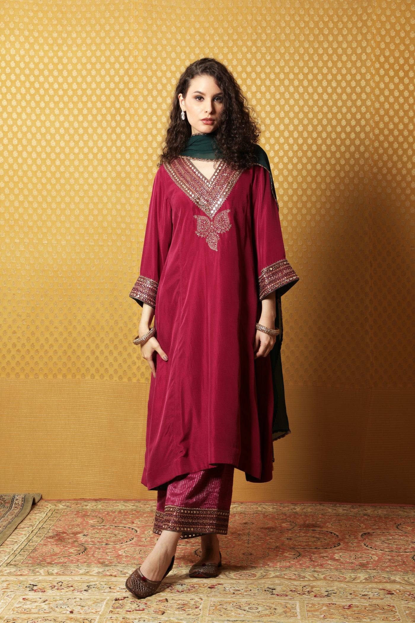 Hand-Embroidered Festival Fuchsia Pure Silk Kurta-Palazzo Set