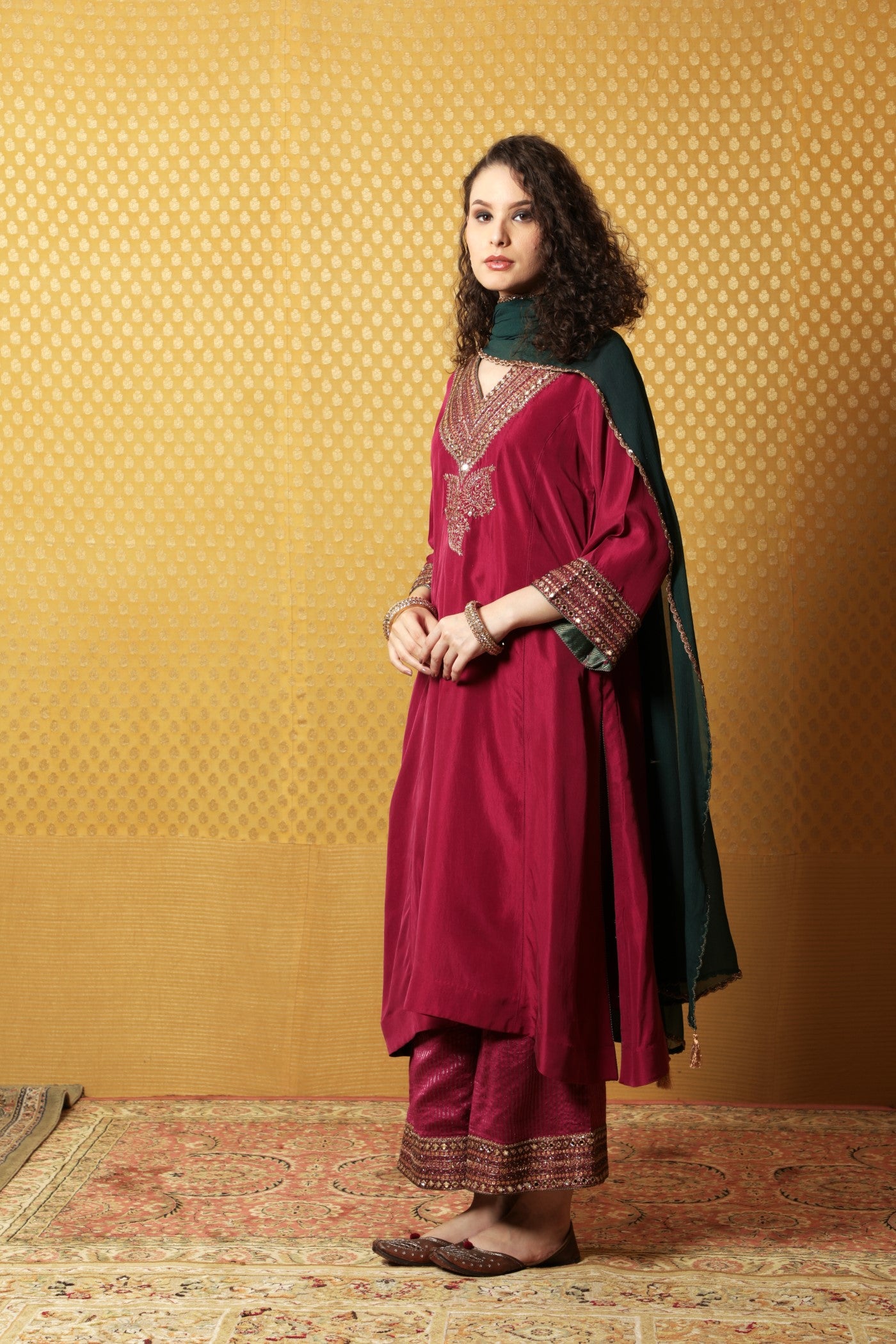 Hand-Embroidered Festival Fuchsia Pure Silk Kurta-Palazzo Set