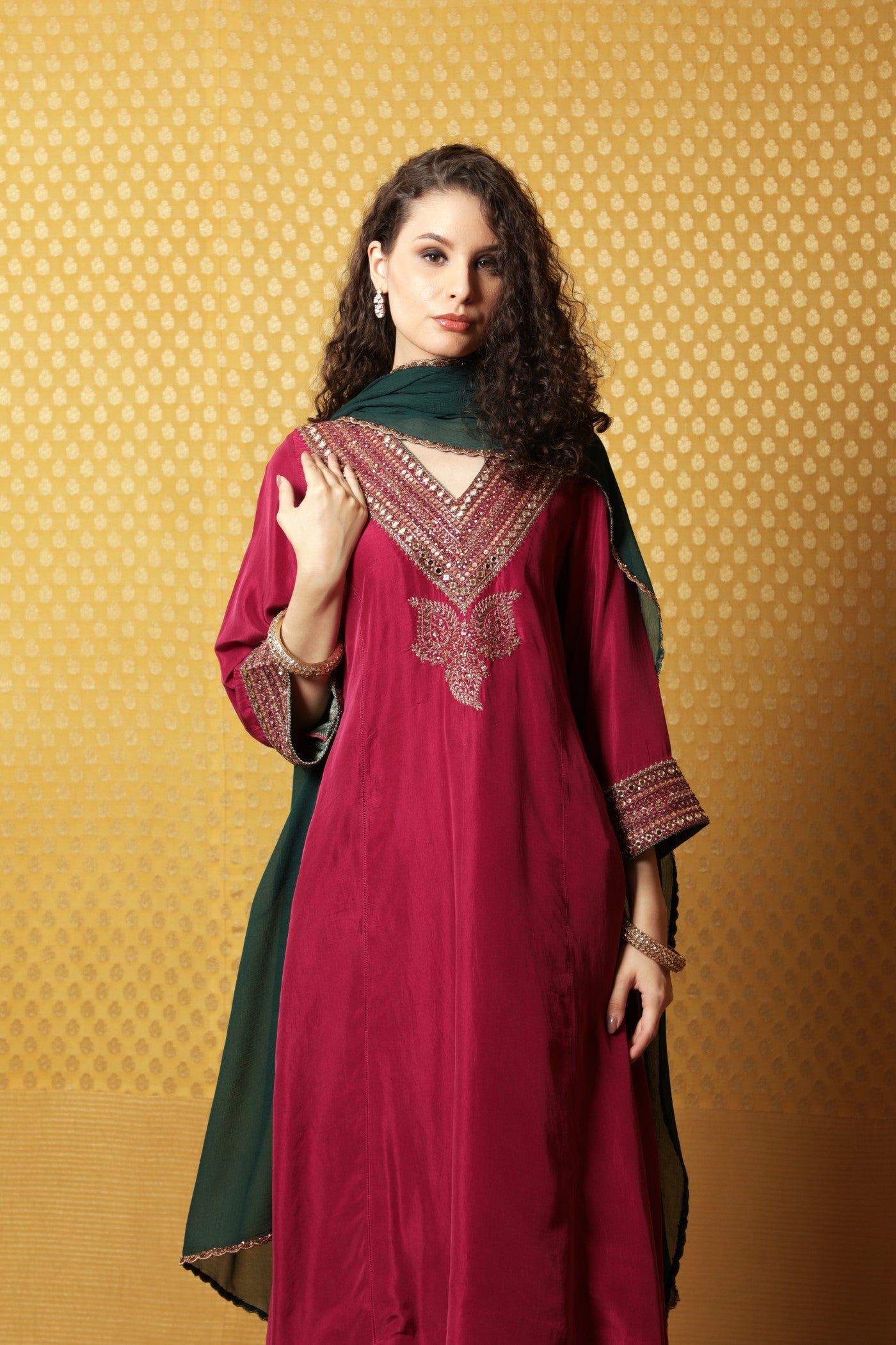 Hand-Embroidered Festival Fuchsia Pure Silk Kurta-Palazzo Set