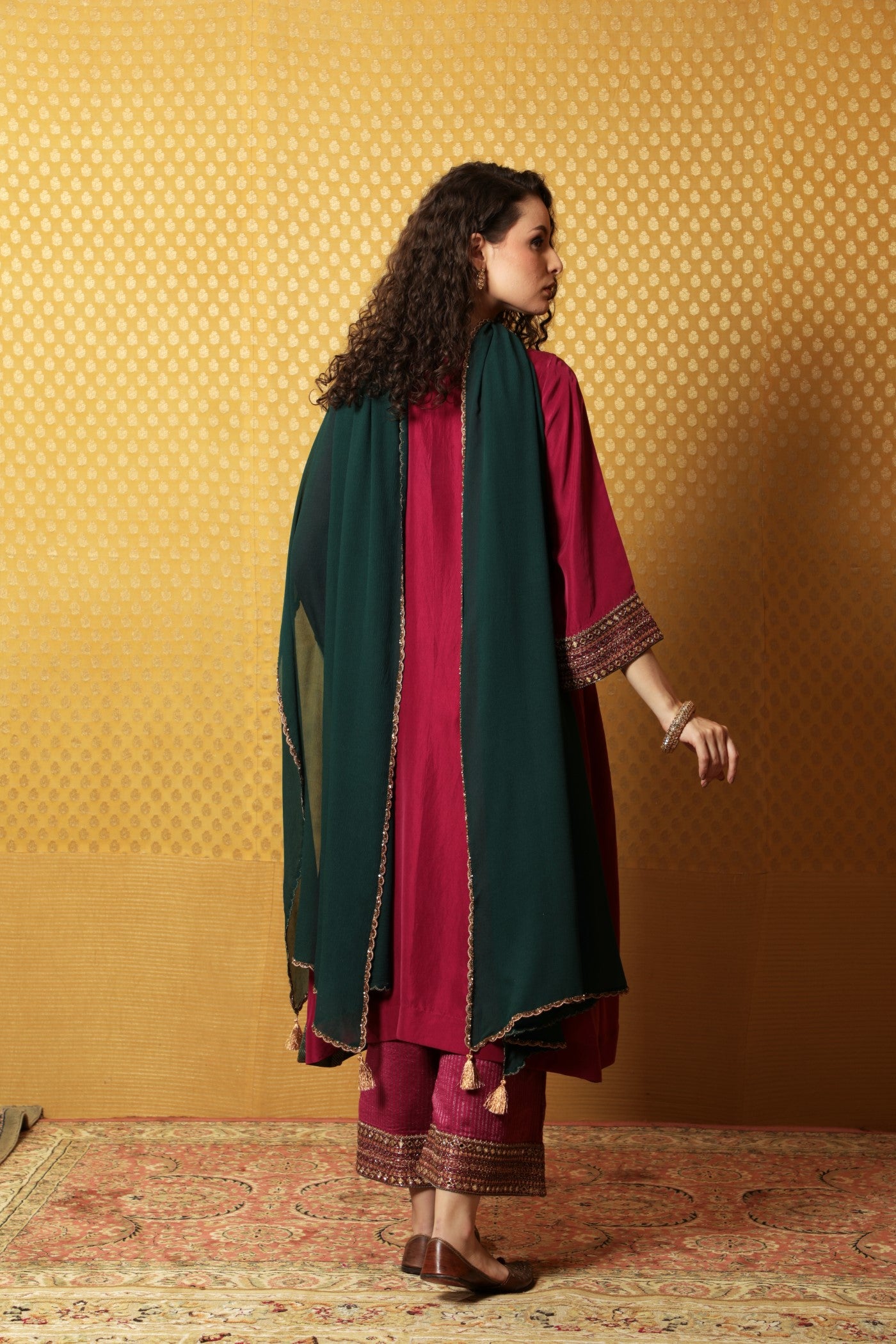 Hand-Embroidered Festival Fuchsia Pure Silk Kurta-Palazzo Set