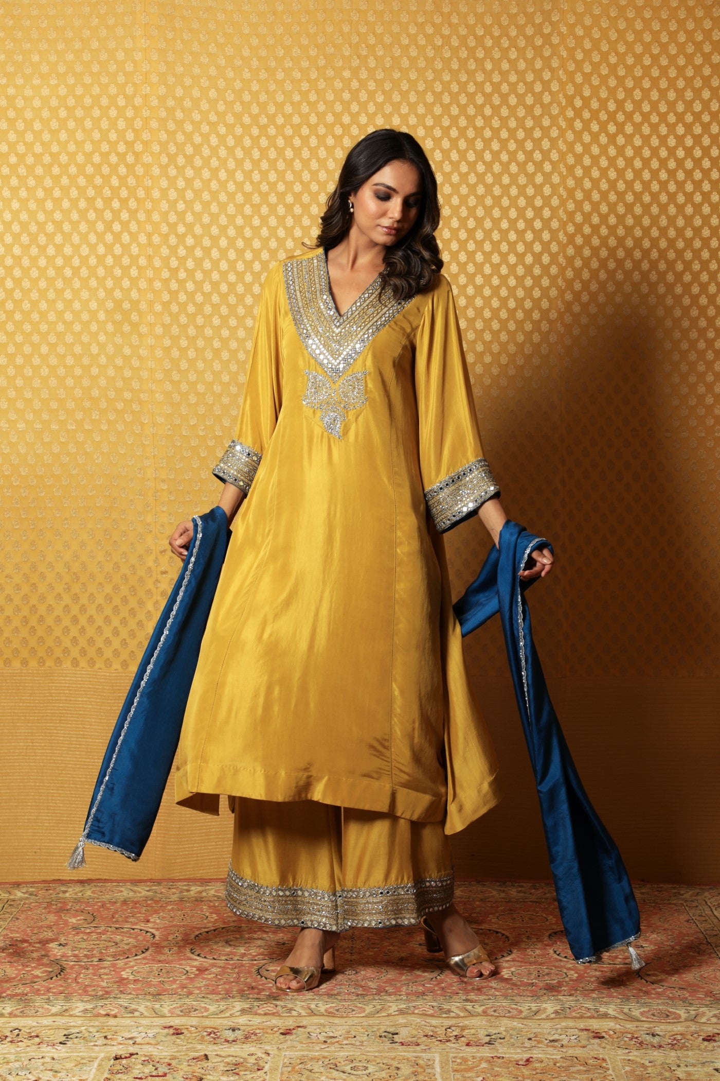 Hand-Embroidered Dusty-Lime Yellow Pure Silk Kurta-Palazzo Set