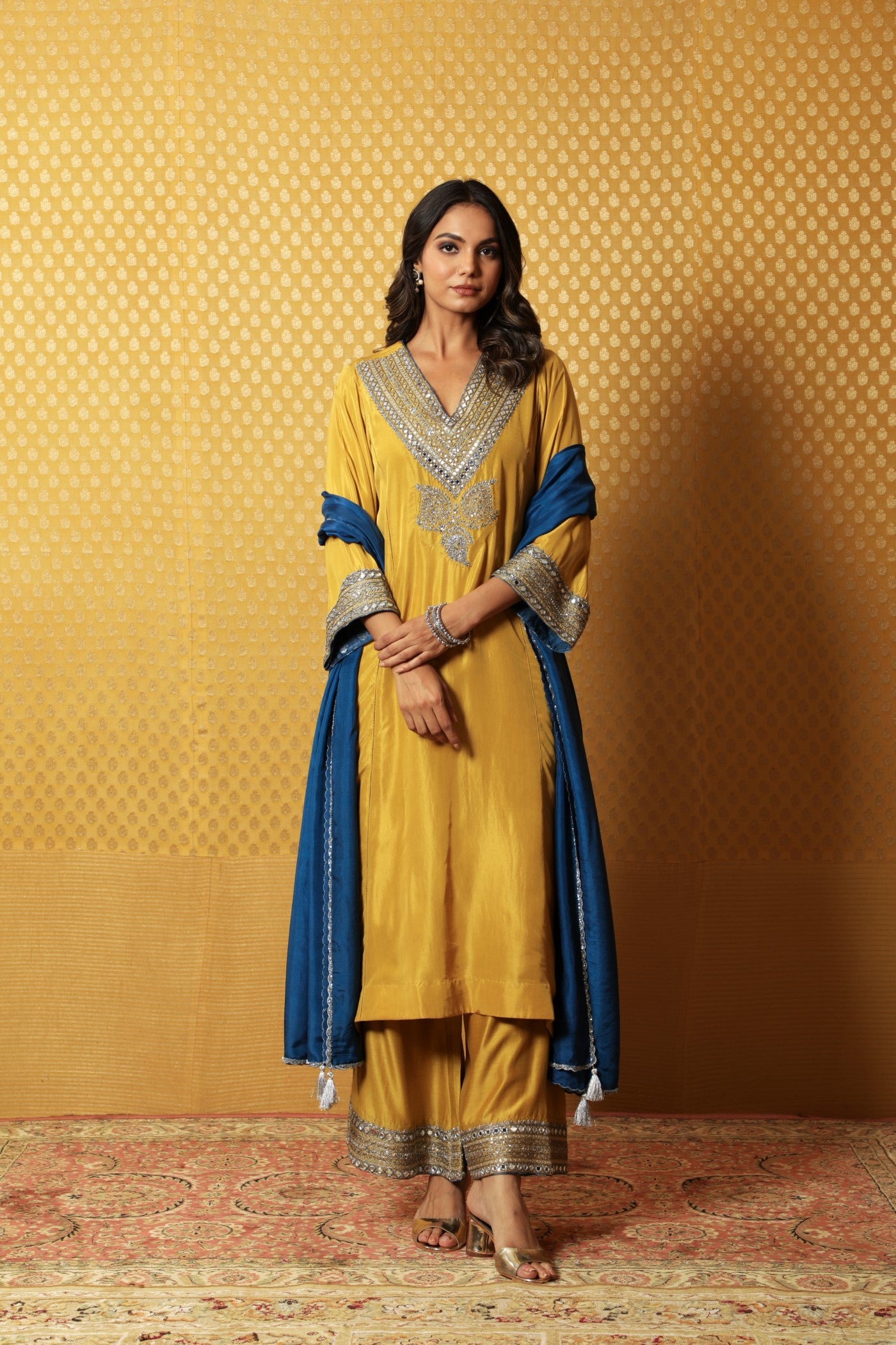 Hand-Embroidered Dusty-Lime Yellow Pure Silk Kurta-Palazzo Set