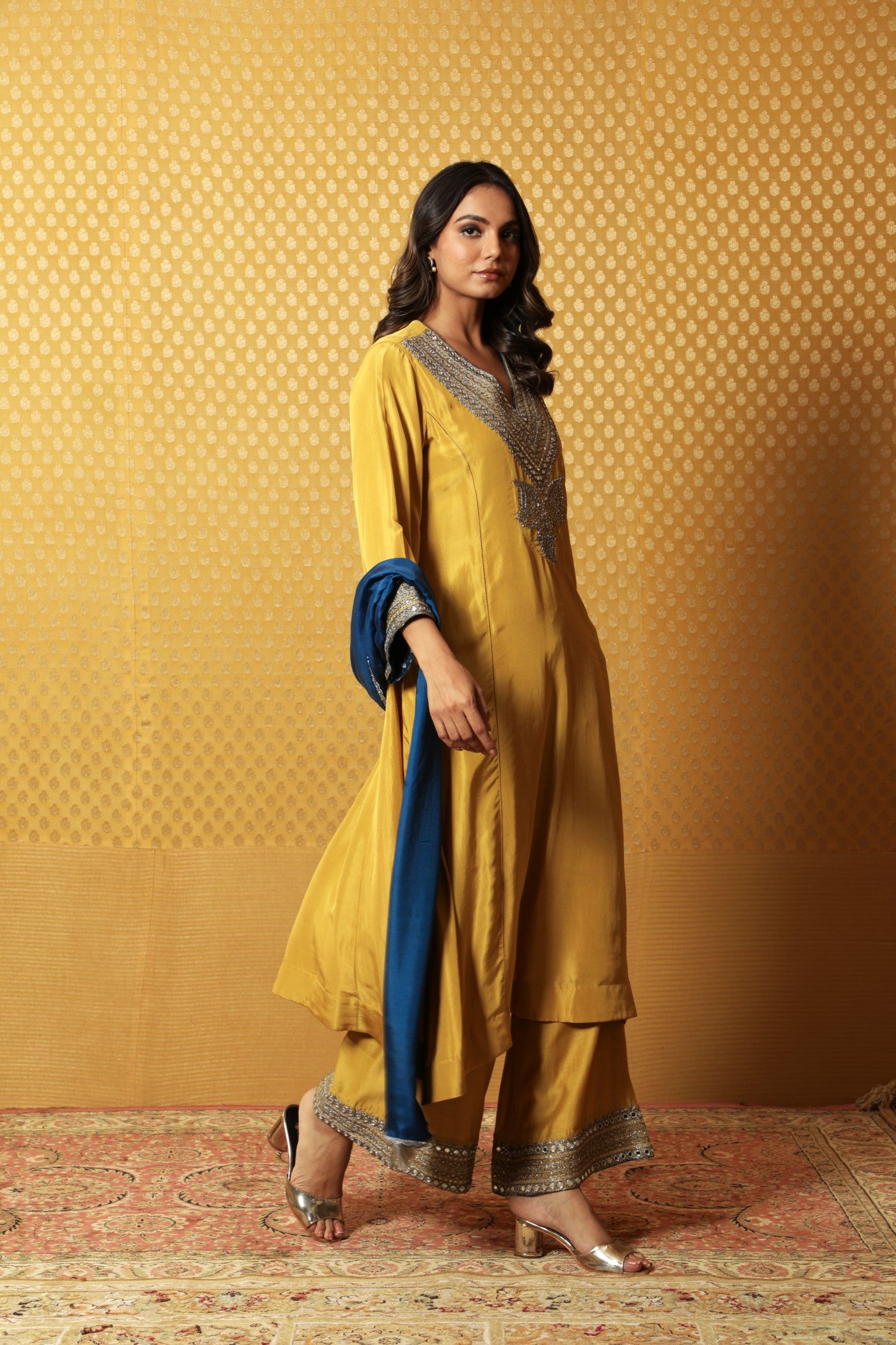Hand-Embroidered Dusty-Lime Yellow Pure Silk Kurta-Palazzo Set