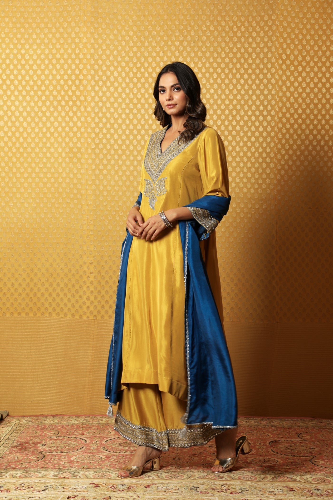 Hand-Embroidered Dusty-Lime Yellow Pure Silk Kurta-Palazzo Set