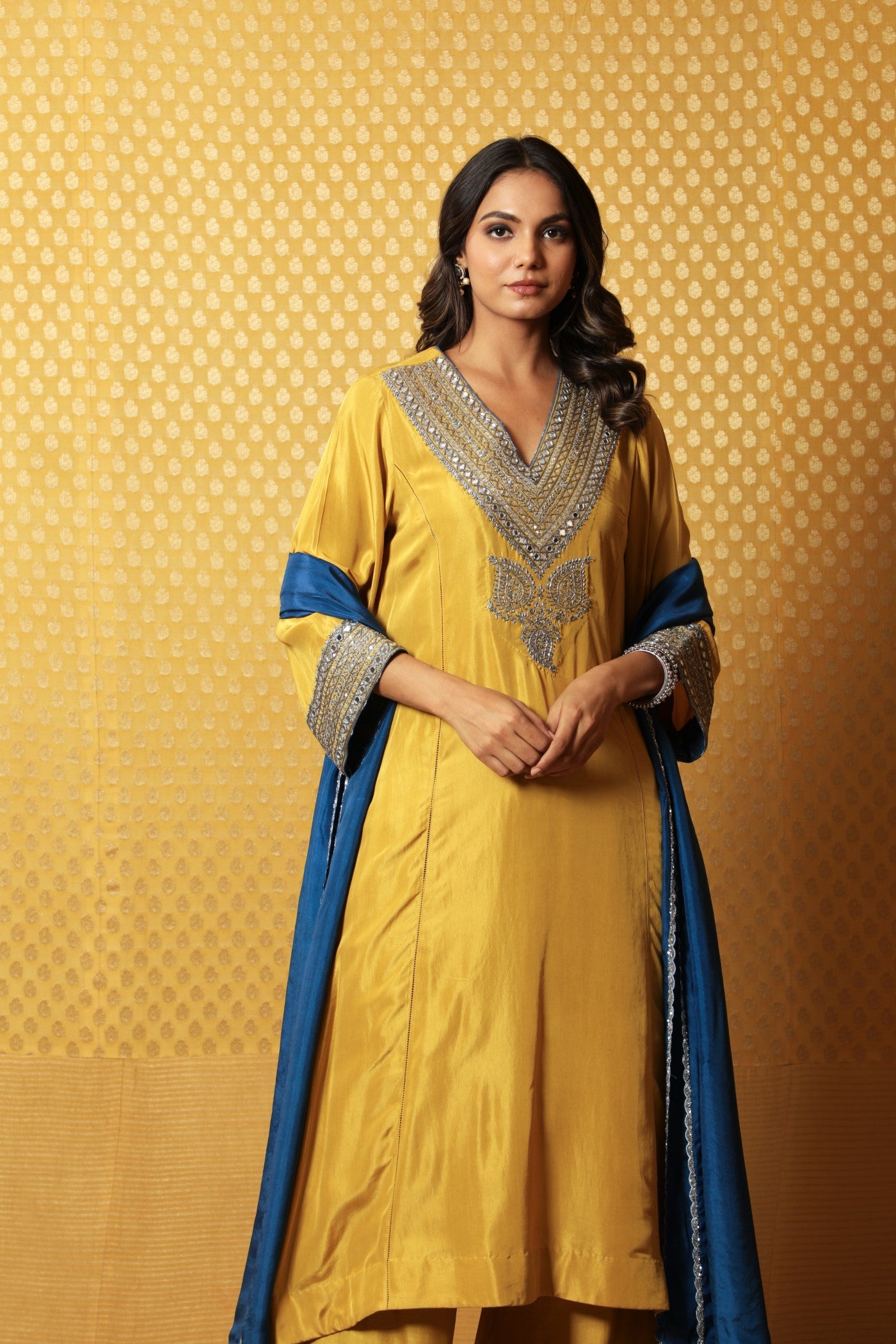 Hand-Embroidered Dusty-Lime Yellow Pure Silk Kurta-Palazzo Set