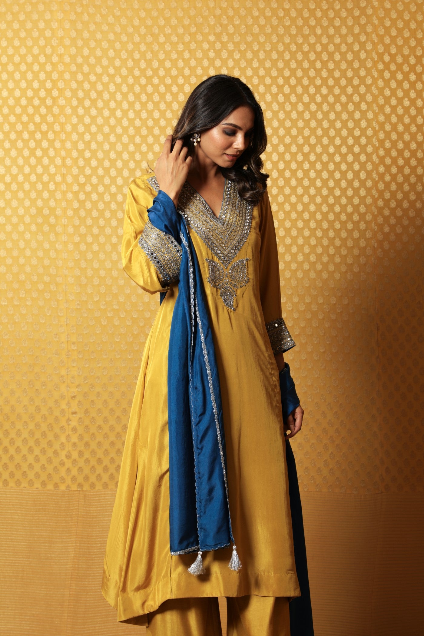 Hand-Embroidered Dusty-Lime Yellow Pure Silk Kurta-Palazzo Set