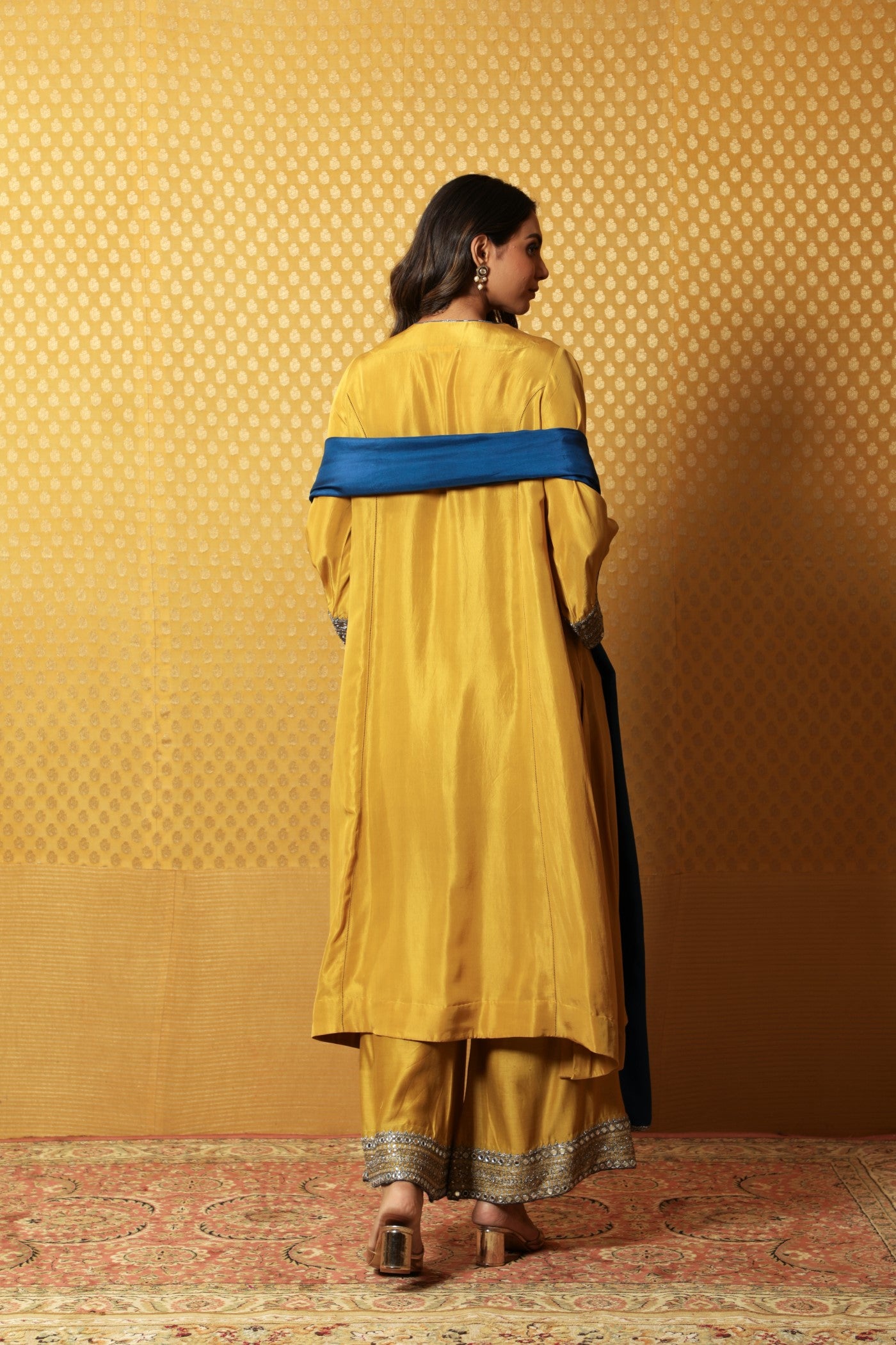 Hand-Embroidered Dusty-Lime Yellow Pure Silk Kurta-Palazzo Set