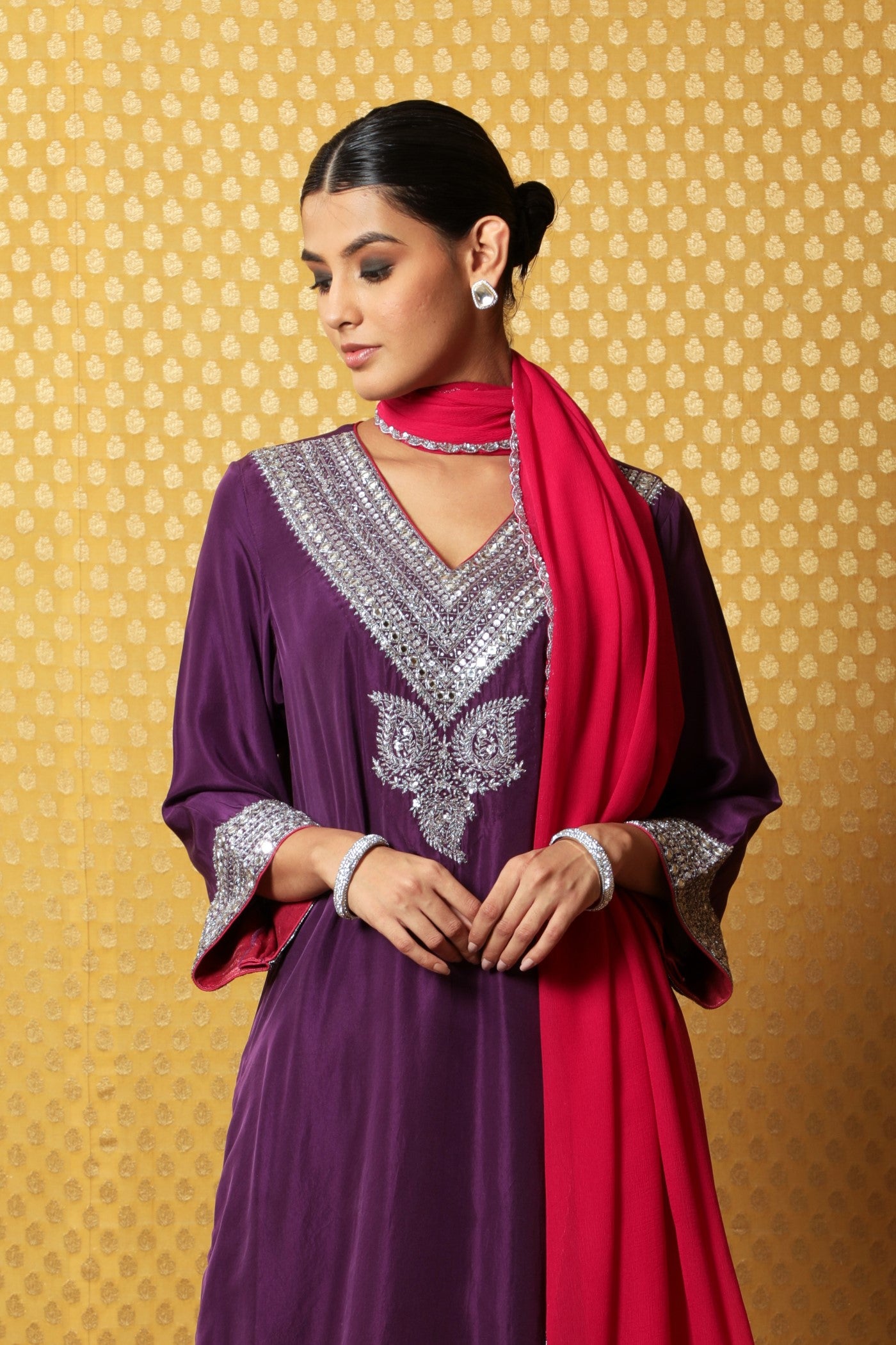 Hand-Embroidered Aubergine Pure Silk Kurta-Palazzo Set