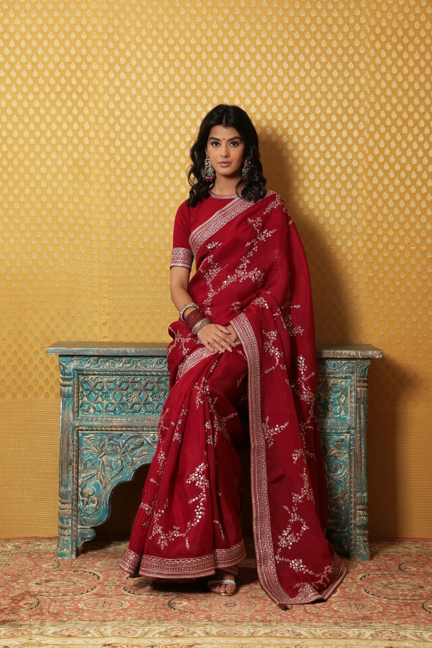 Hand-Embroidered Maroon Pure Silk- Organza Saree-Blouse Set