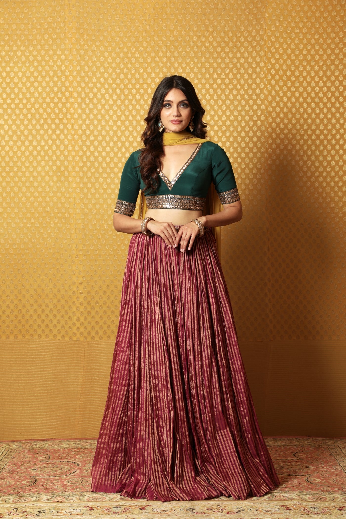 Hand-Embroidered Wine-Coloured Striped Pure Silk-Cotton Lehenga Paired With Pure Crepe-Silk Blouse & Chiffon Dupatta
(Wine, Dark Green & Dusty-Lime)