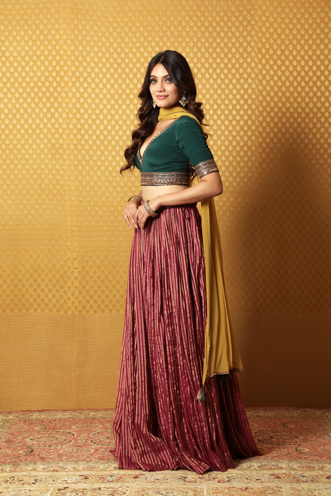 Hand-Embroidered Wine-Coloured Striped Pure Silk-Cotton Lehenga Paired With Pure Crepe-Silk Blouse & Chiffon Dupatta
(Wine, Dark Green & Dusty-Lime)