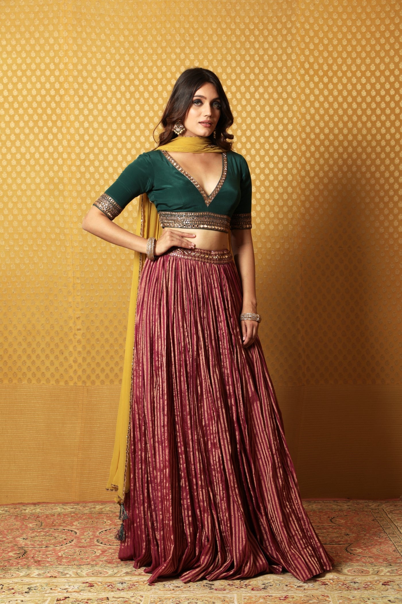 Hand-Embroidered Wine-Coloured Striped Pure Silk-Cotton Lehenga Paired With Pure Crepe-Silk Blouse & Chiffon Dupatta
(Wine, Dark Green & Dusty-Lime)