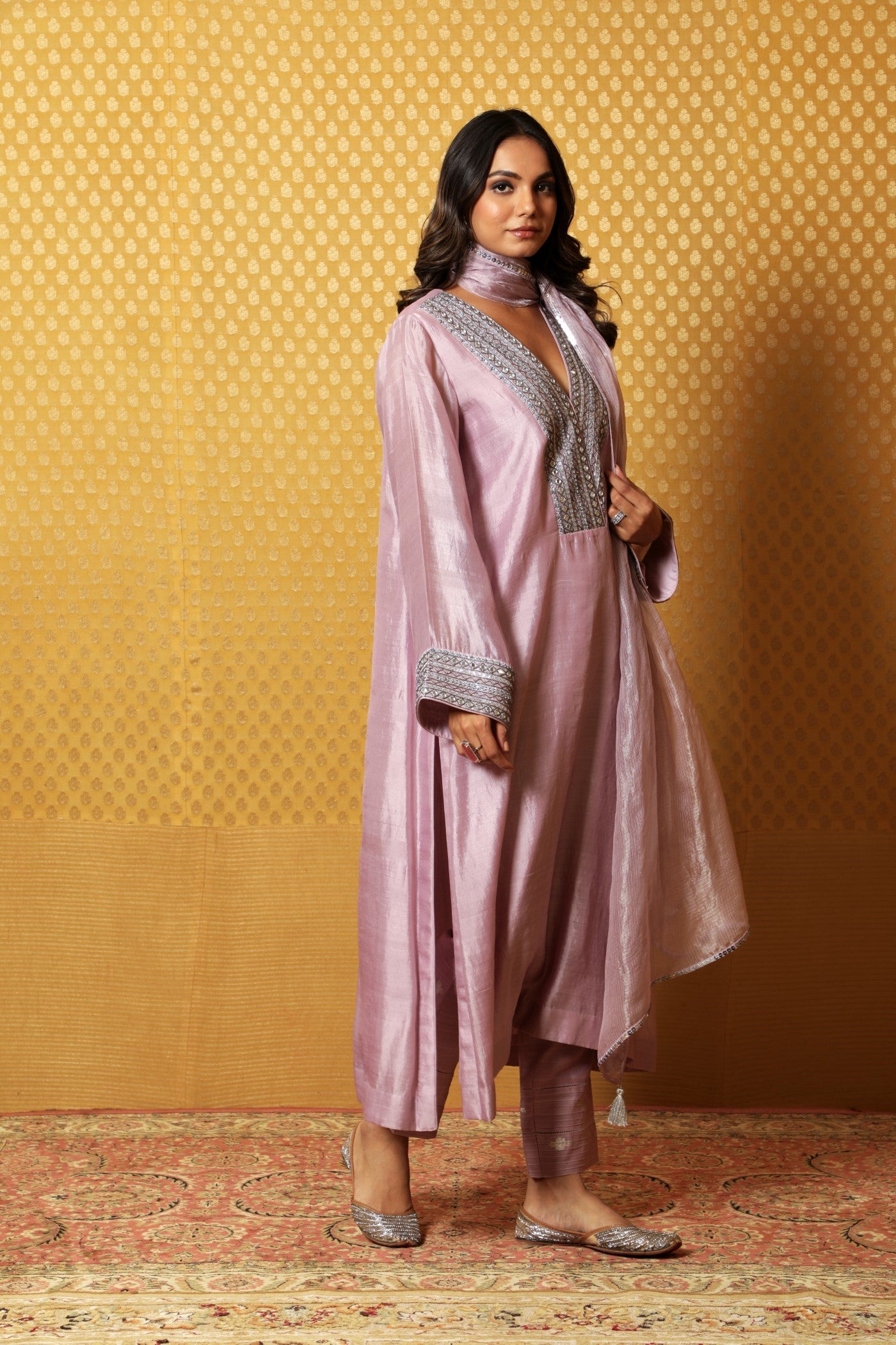 Hand-Embroidered Lavender Pure Silk Kurta-Pants Set