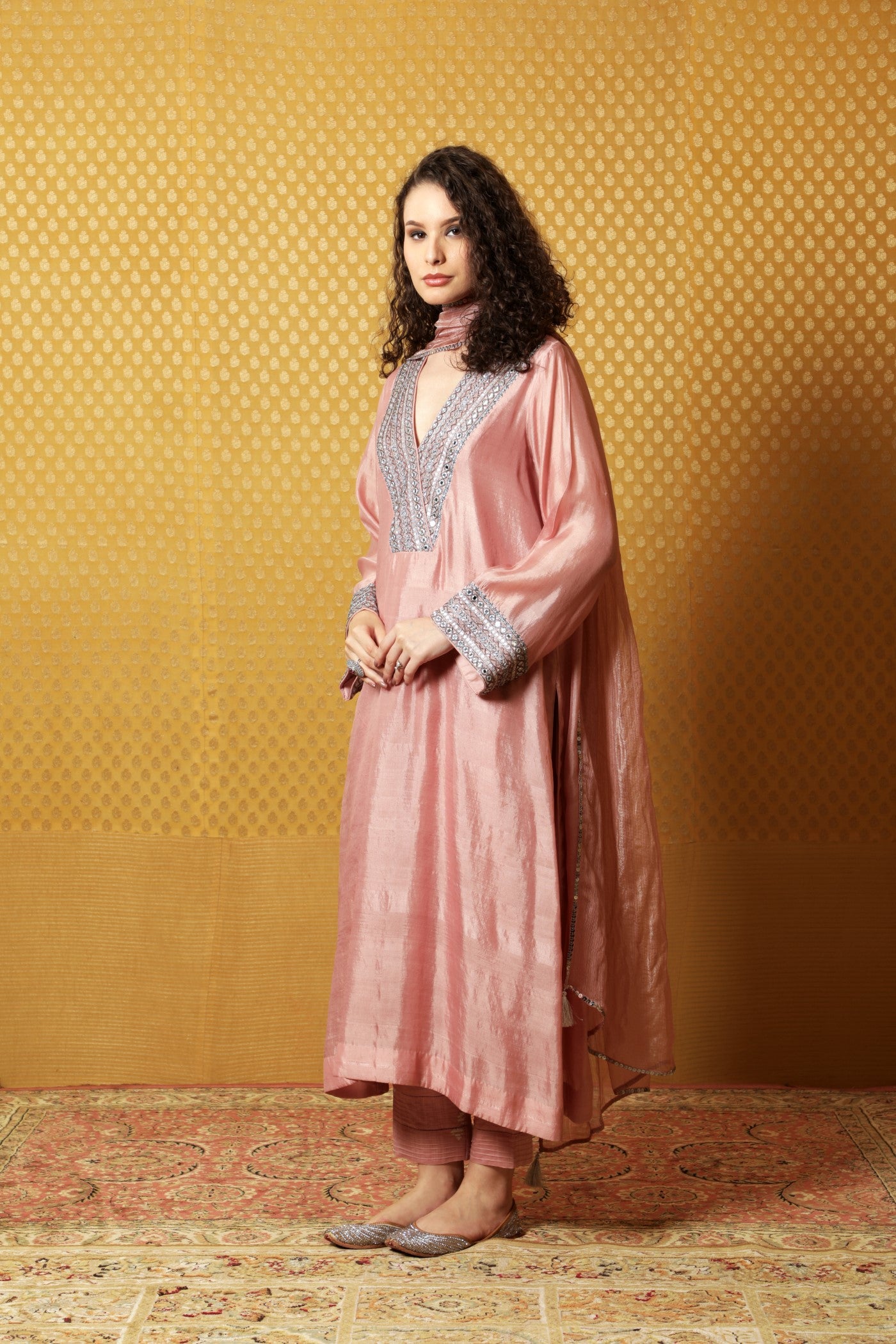 Hand-Embroidered Dusty-Peach Pure Silk Kurta-Pants Set