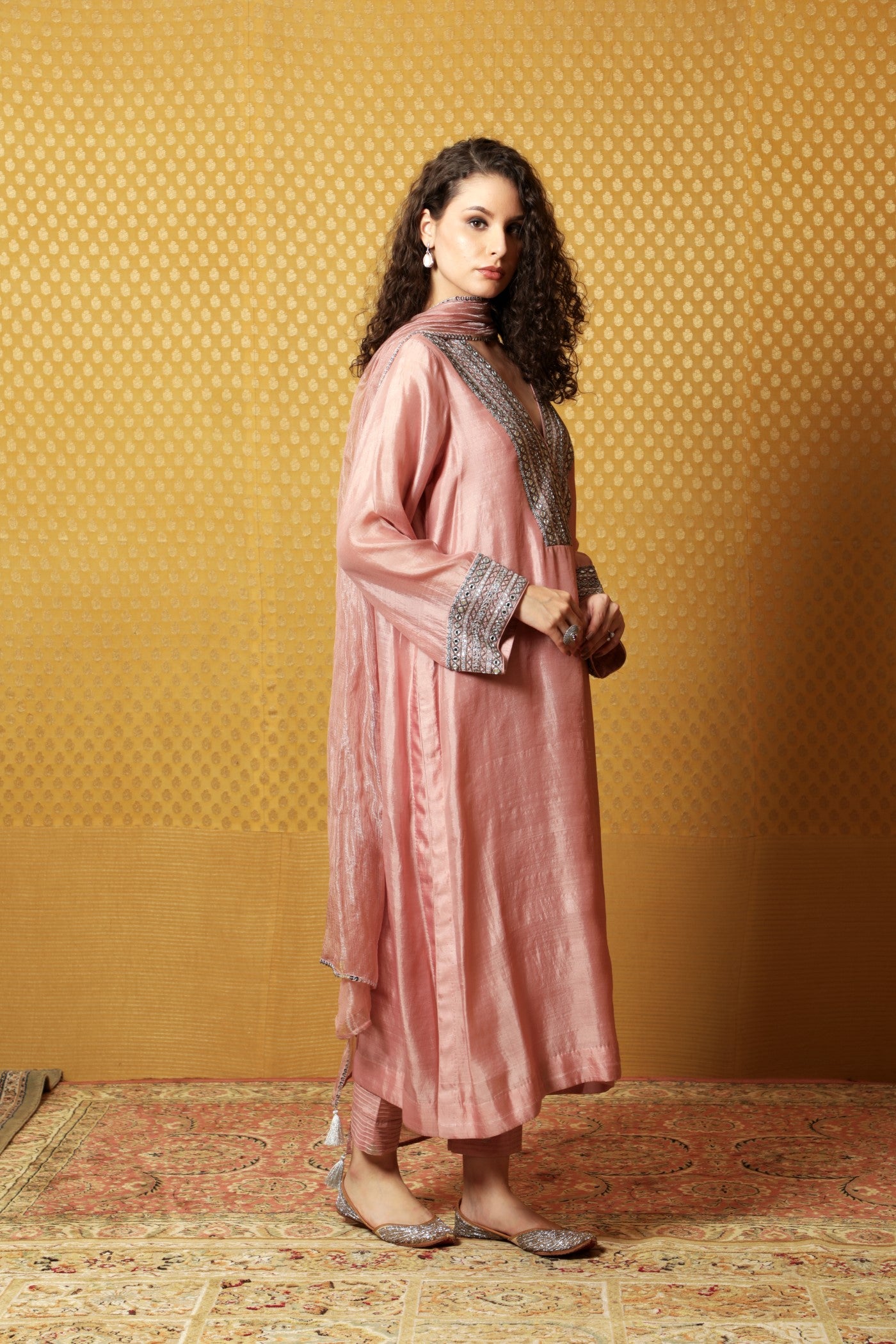 Hand-Embroidered Dusty-Peach Pure Silk Kurta-Pants Set