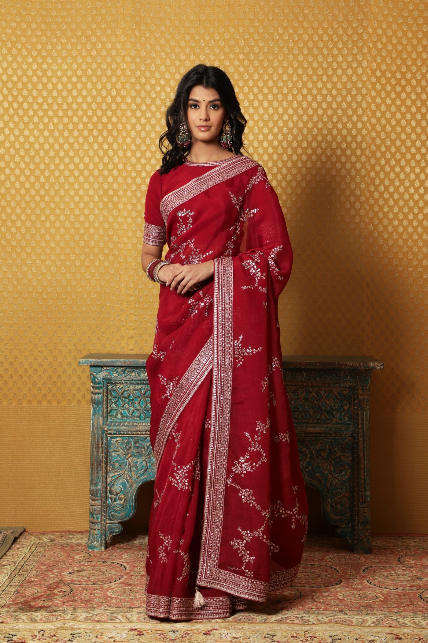 Hand-Embroidered Maroon Pure Silk- Organza Saree-Blouse Set