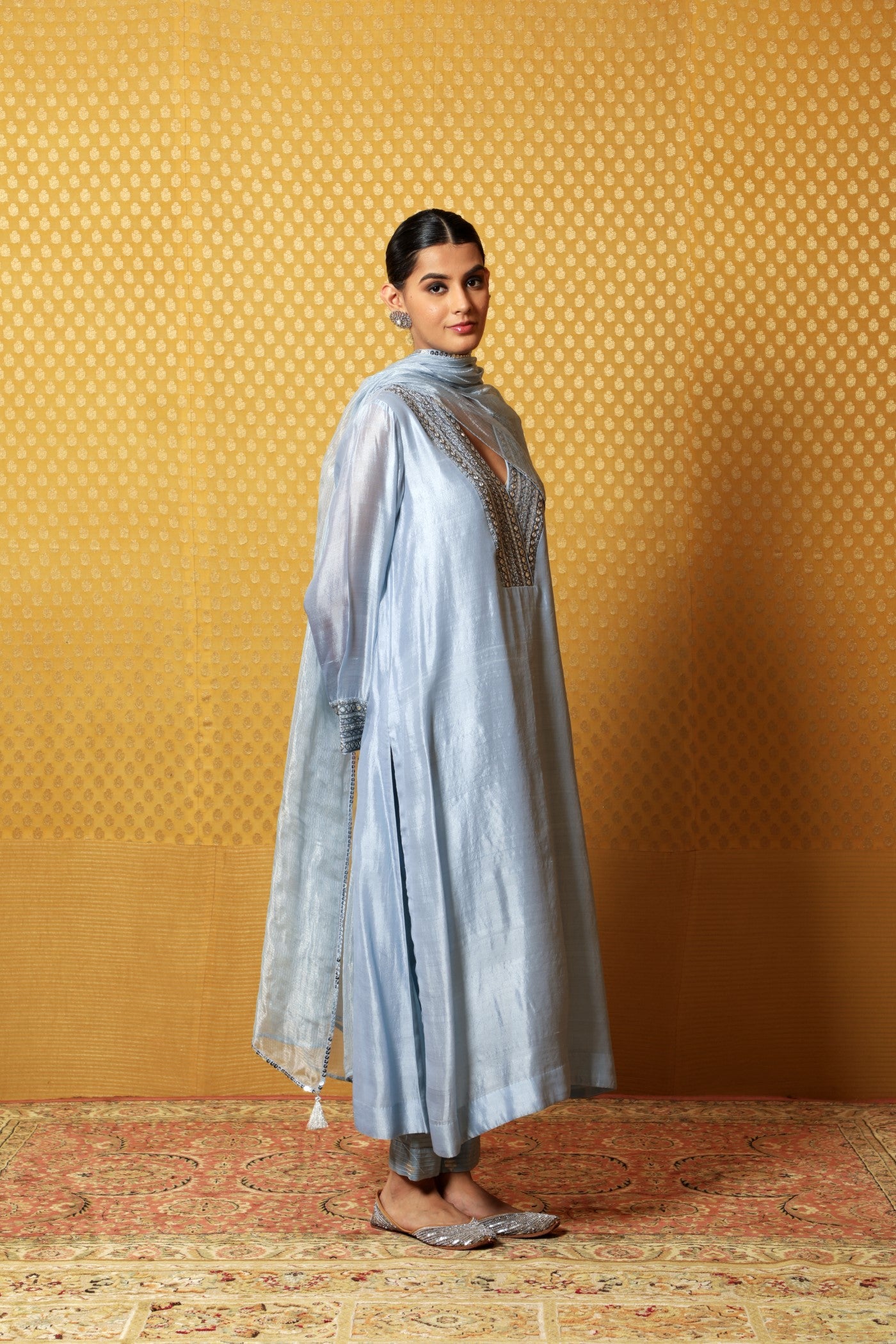 Hand-Embroidered Airy-Blue Pure Silk Kurta-Pants Set