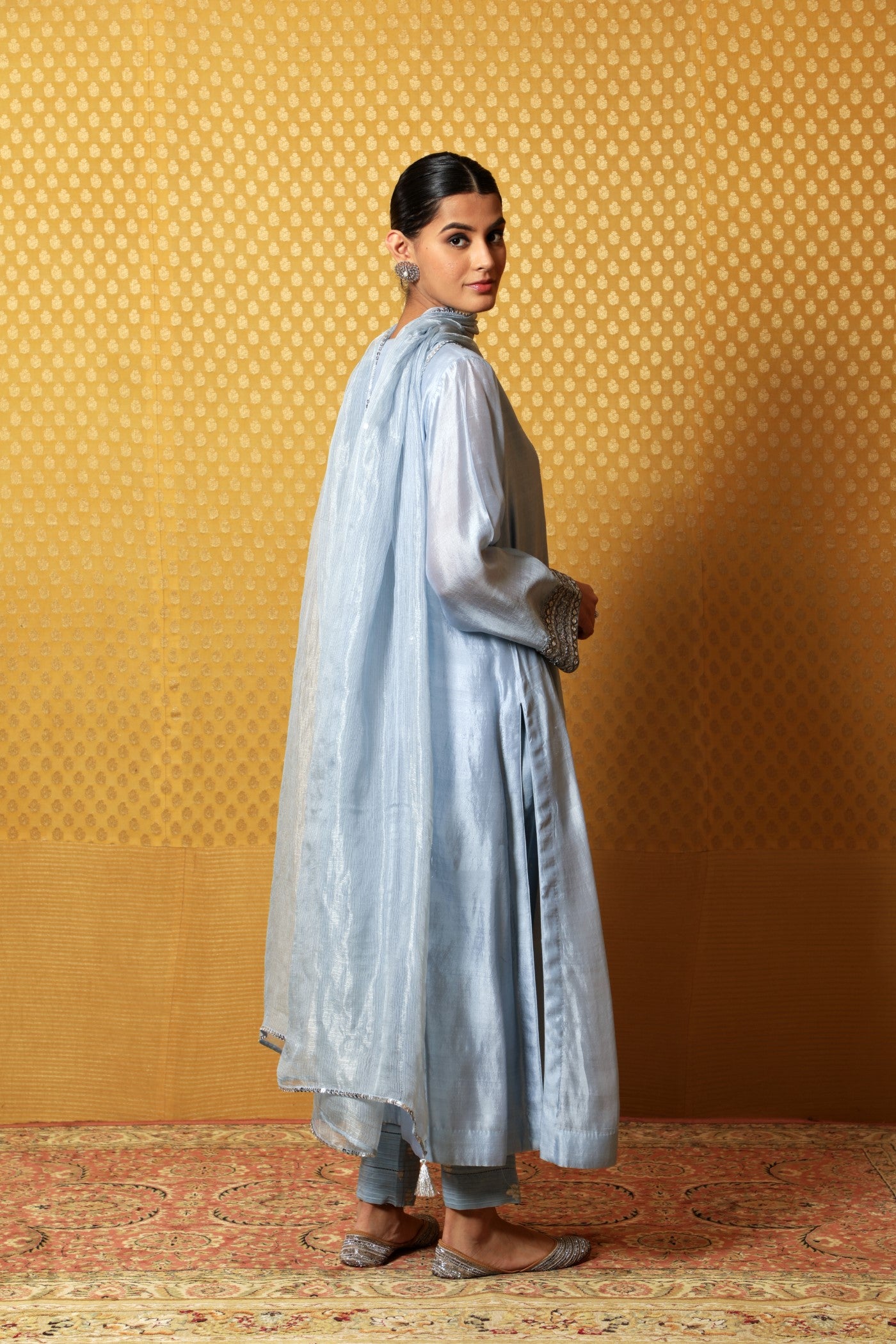 Hand-Embroidered Airy-Blue Pure Silk Kurta-Pants Set
