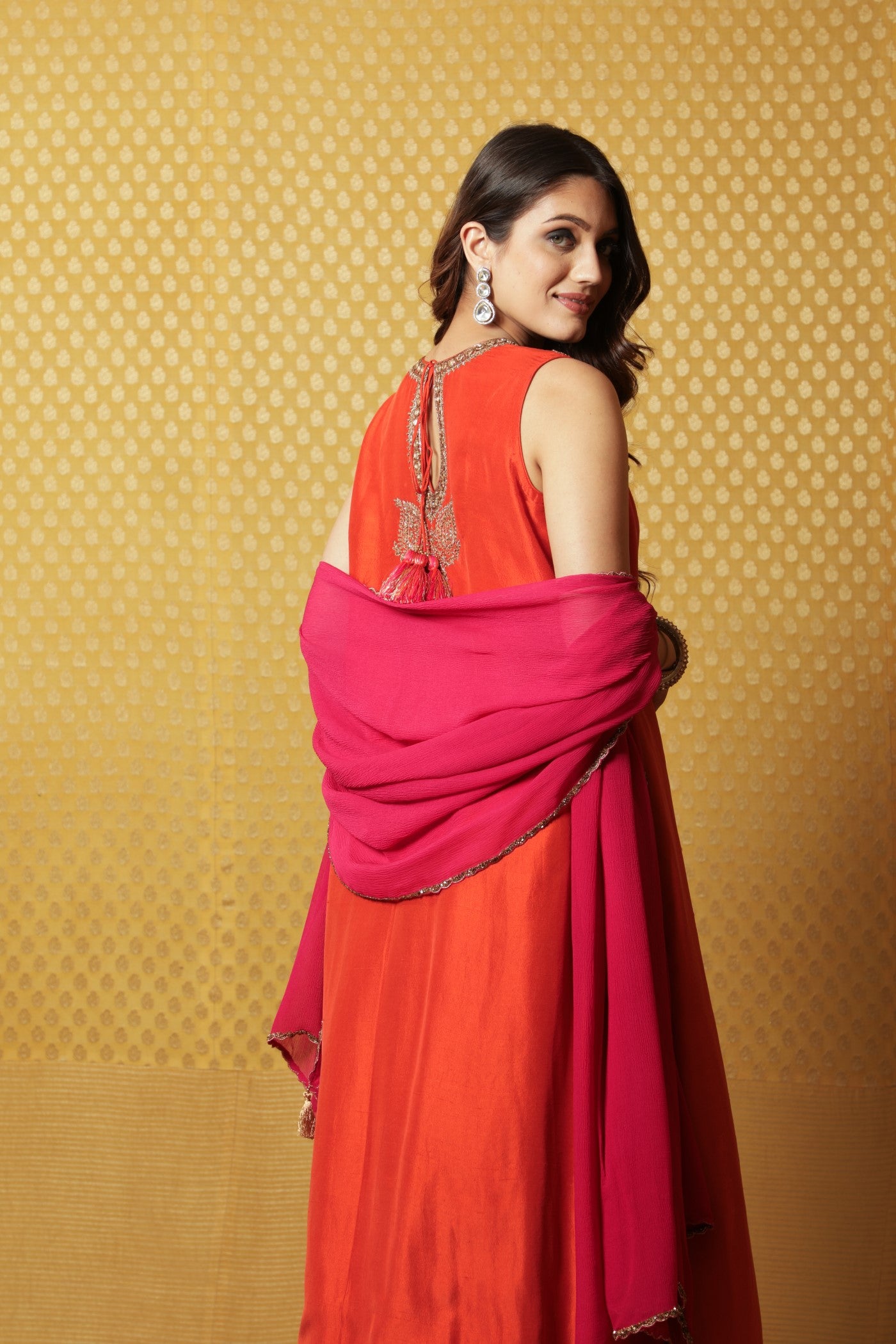 Hand-Embroidered Rust-Orange Pure Silk Kurta-Sharara Set