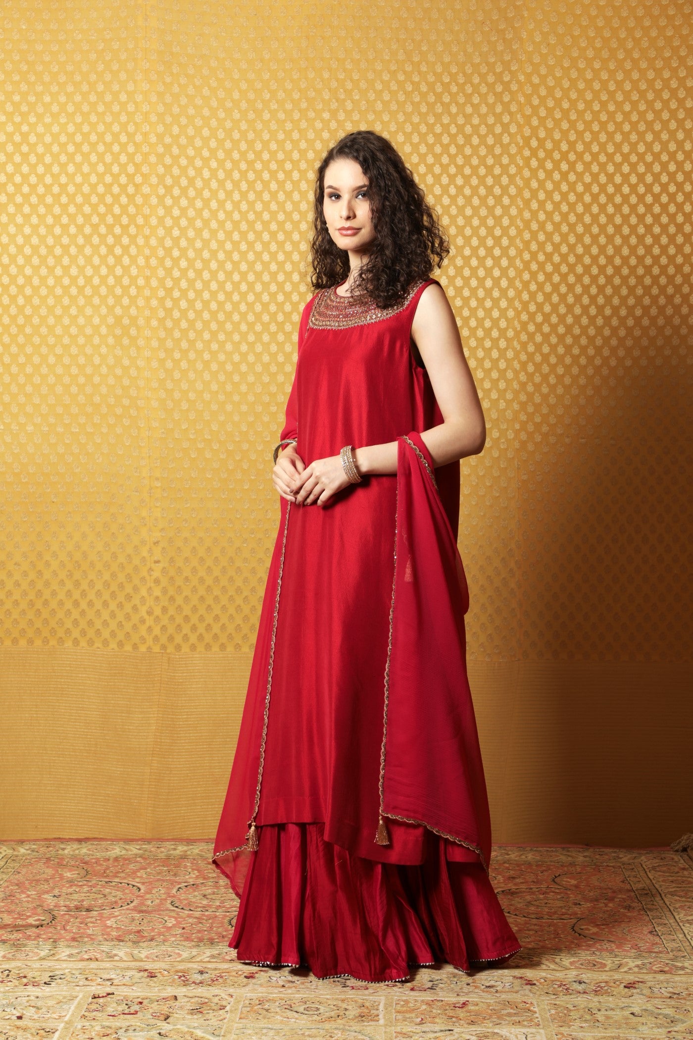 Hand-Embroidered Red Pure Silk Kurta- Sharara Set