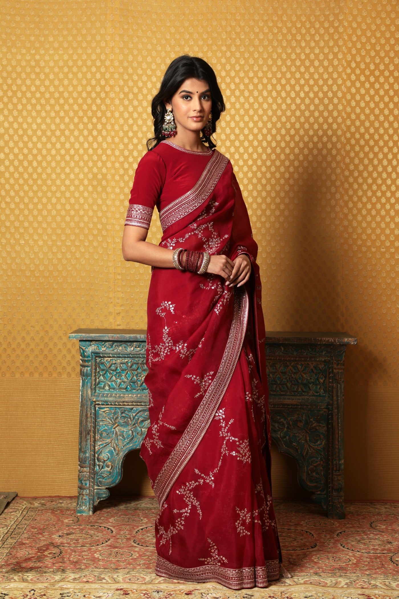 Hand-Embroidered Maroon Pure Silk- Organza Saree-Blouse Set