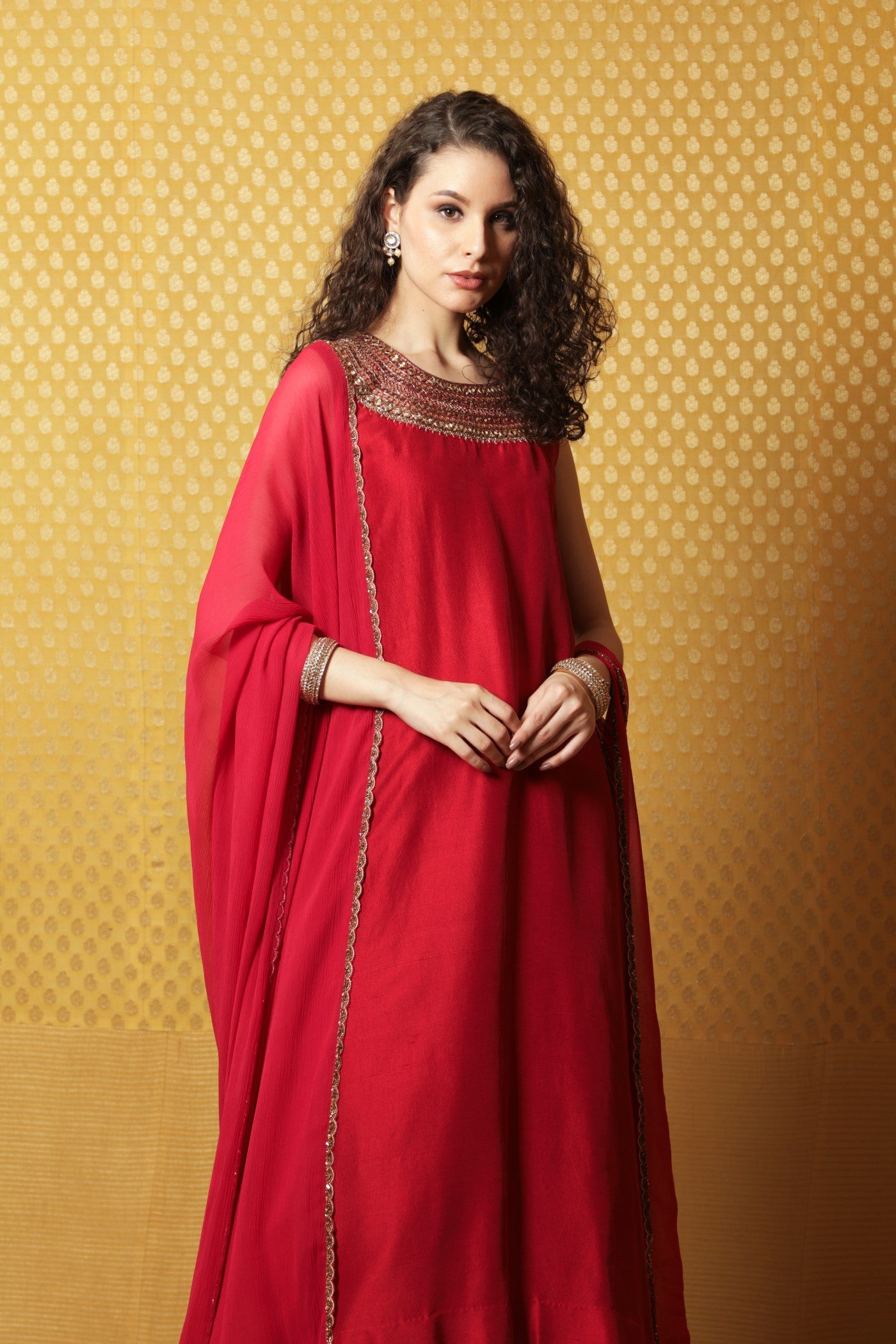 Hand-Embroidered Red Pure Silk Kurta- Sharara Set