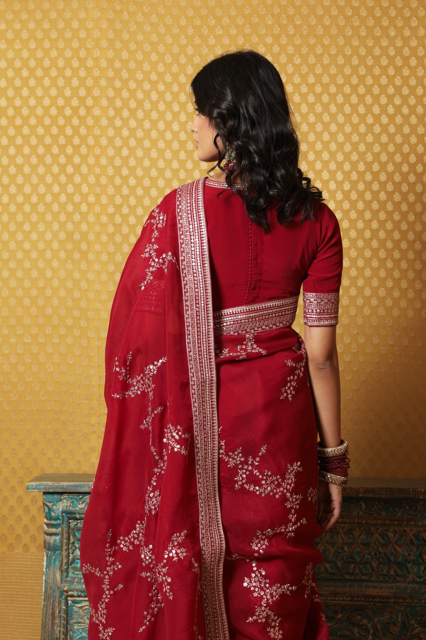 Hand-Embroidered Maroon Pure Silk- Organza Saree-Blouse Set