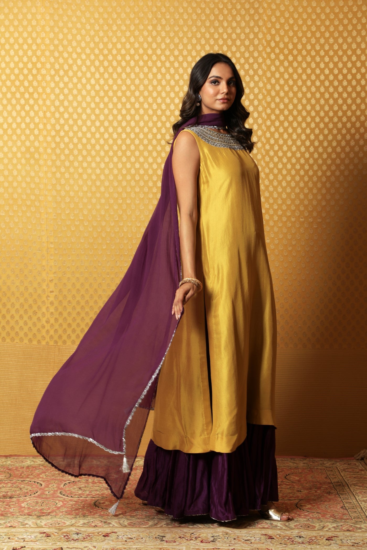 Hand-Embroidered Dusty-Mustard Pure Silk Kurta-Sharara Set
