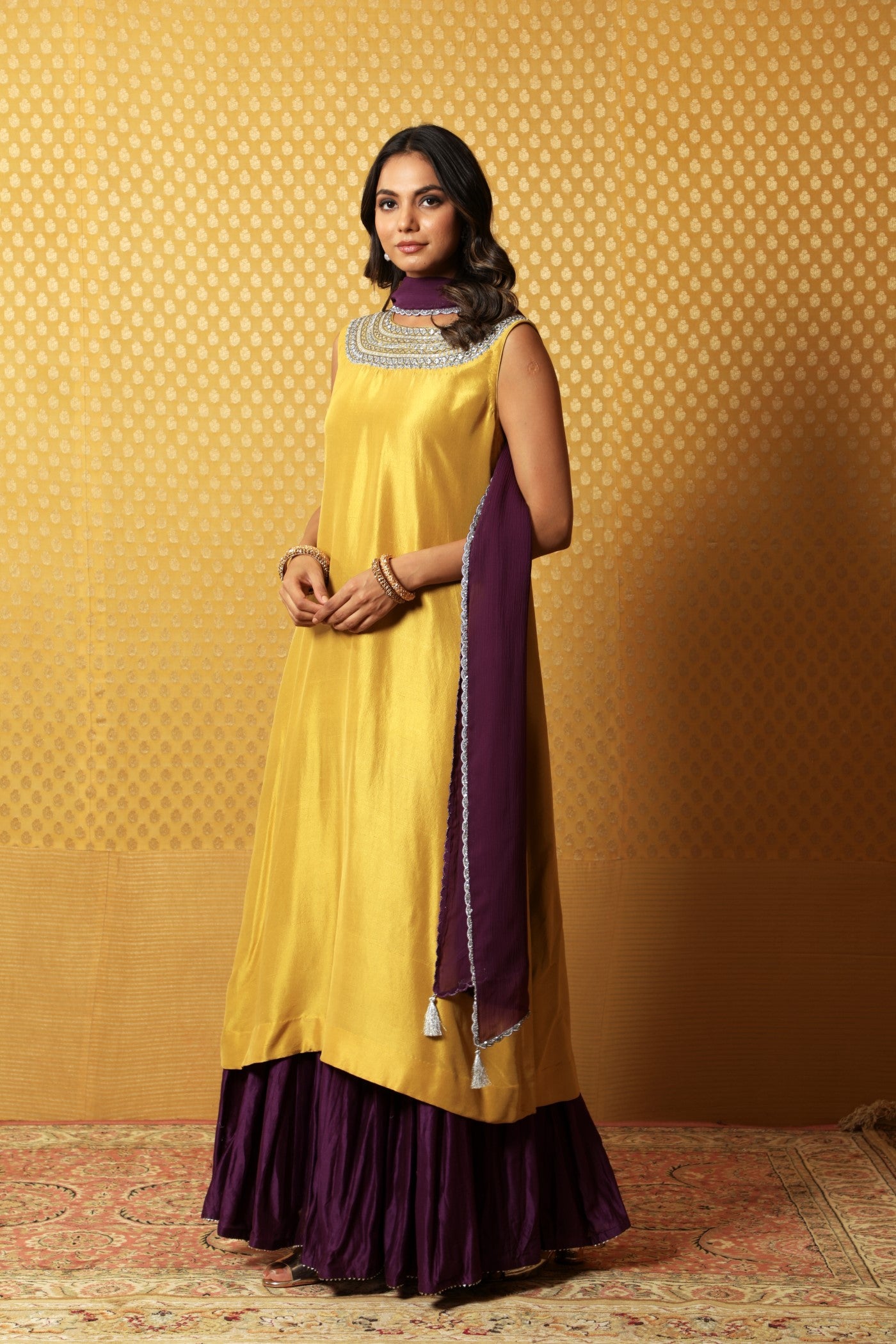 Hand-Embroidered Dusty-Mustard Pure Silk Kurta-Sharara Set