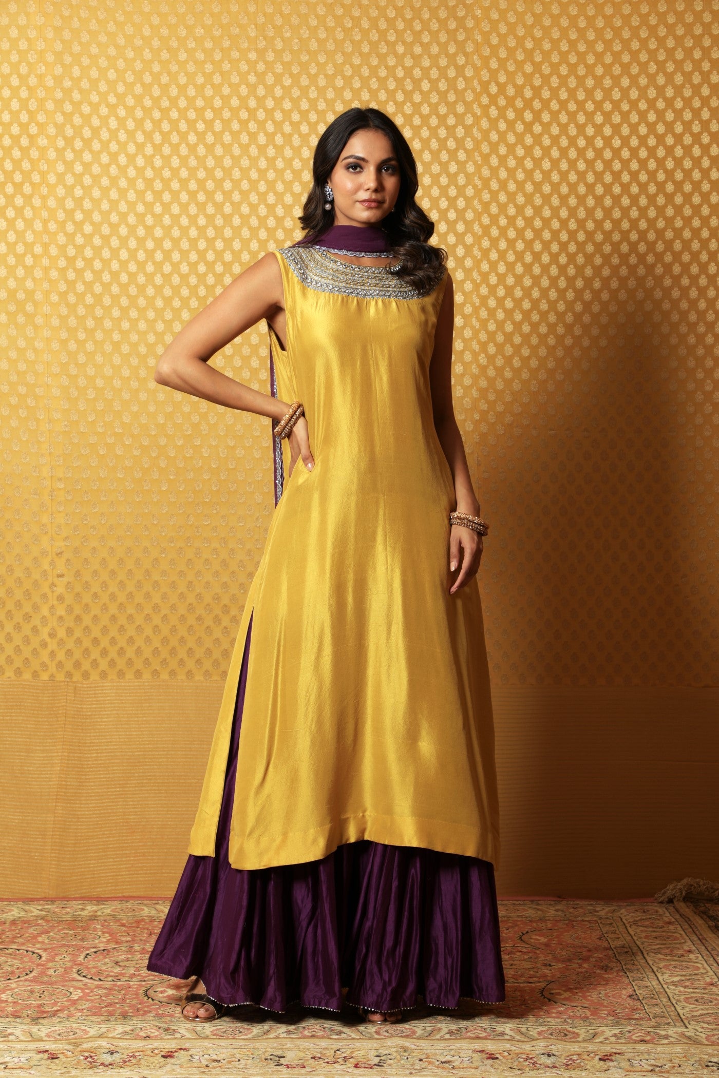 Hand-Embroidered Dusty-Mustard Pure Silk Kurta-Sharara Set