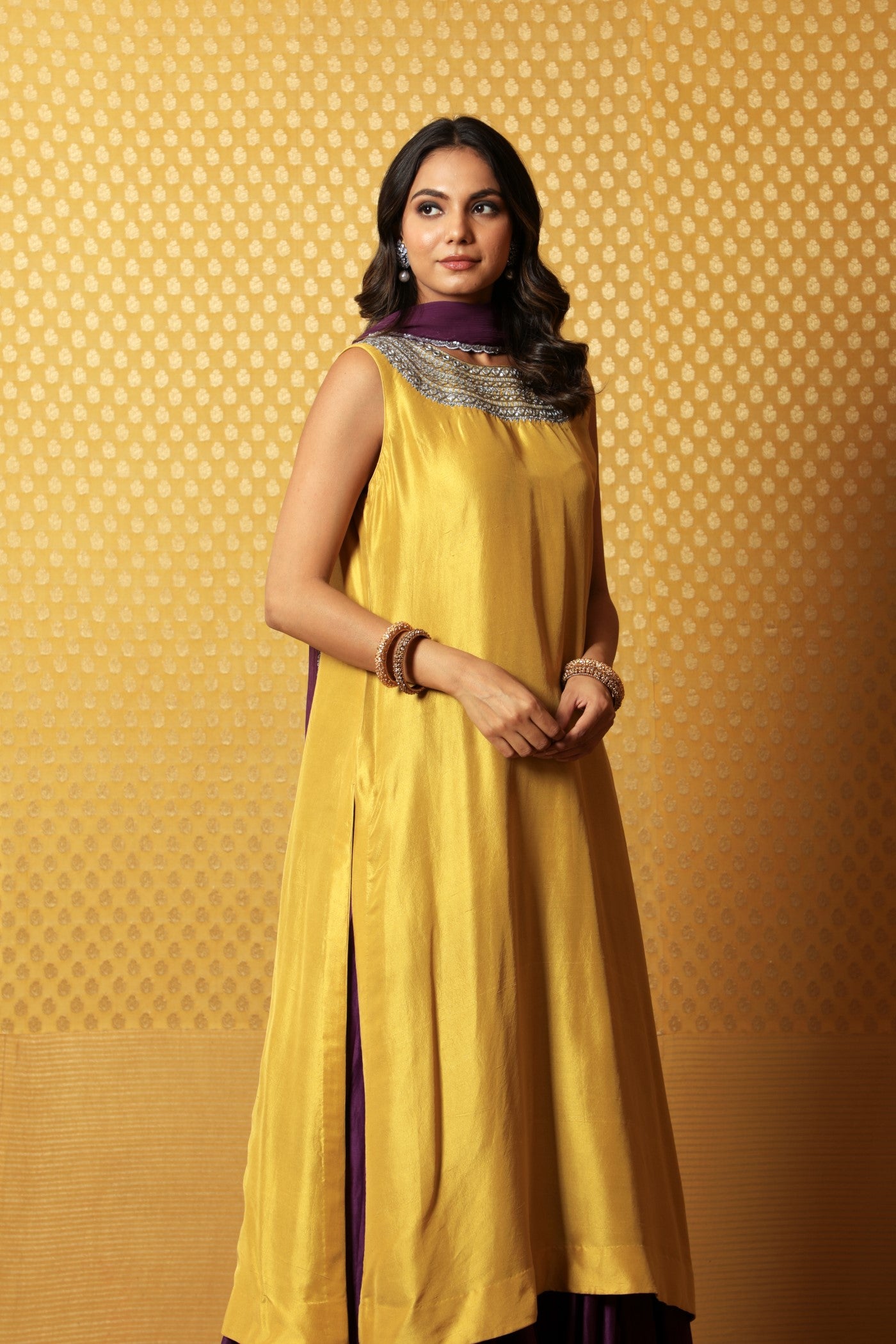 Hand-Embroidered Dusty-Mustard Pure Silk Kurta-Sharara Set