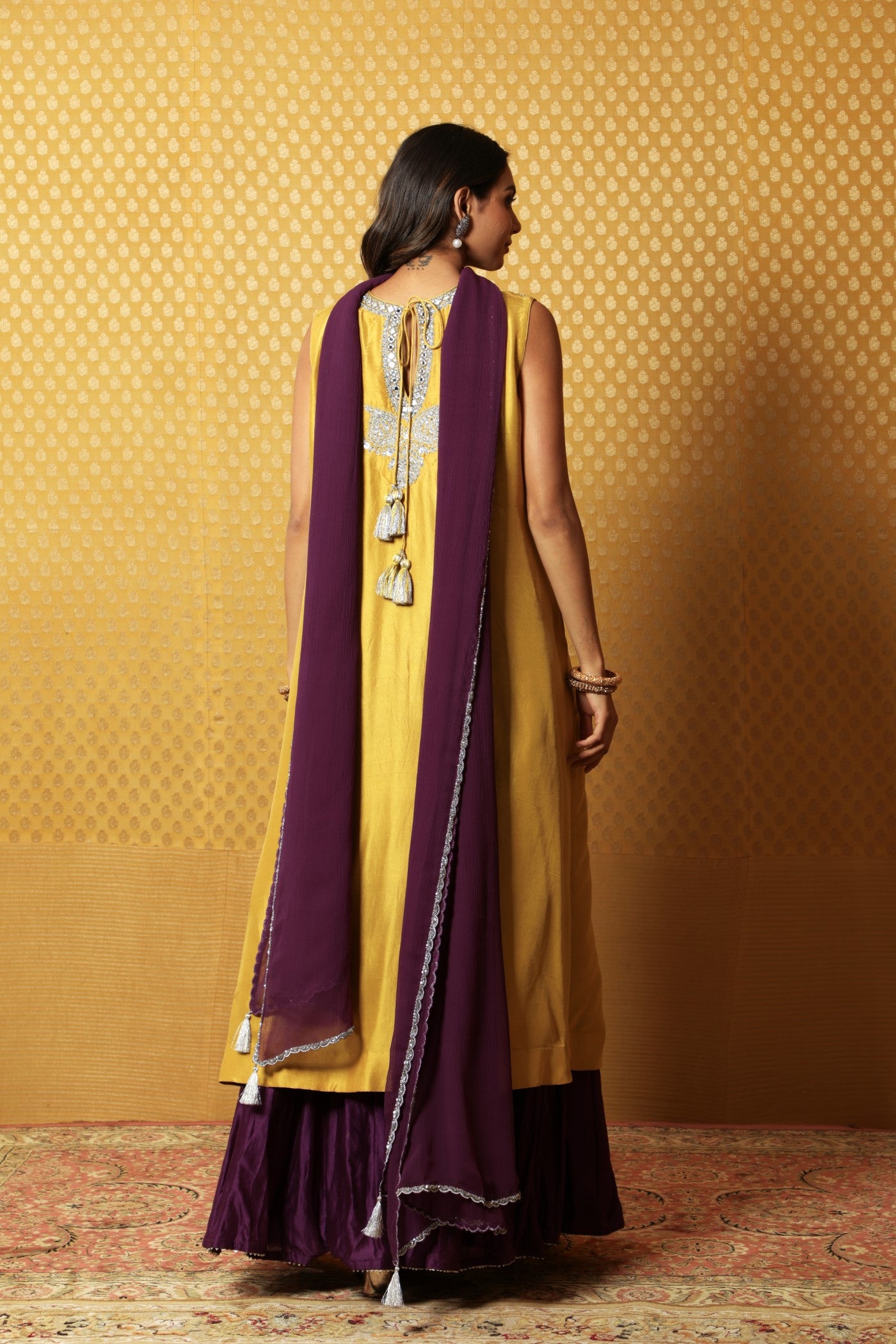 Hand-Embroidered Dusty-Mustard Pure Silk Kurta-Sharara Set