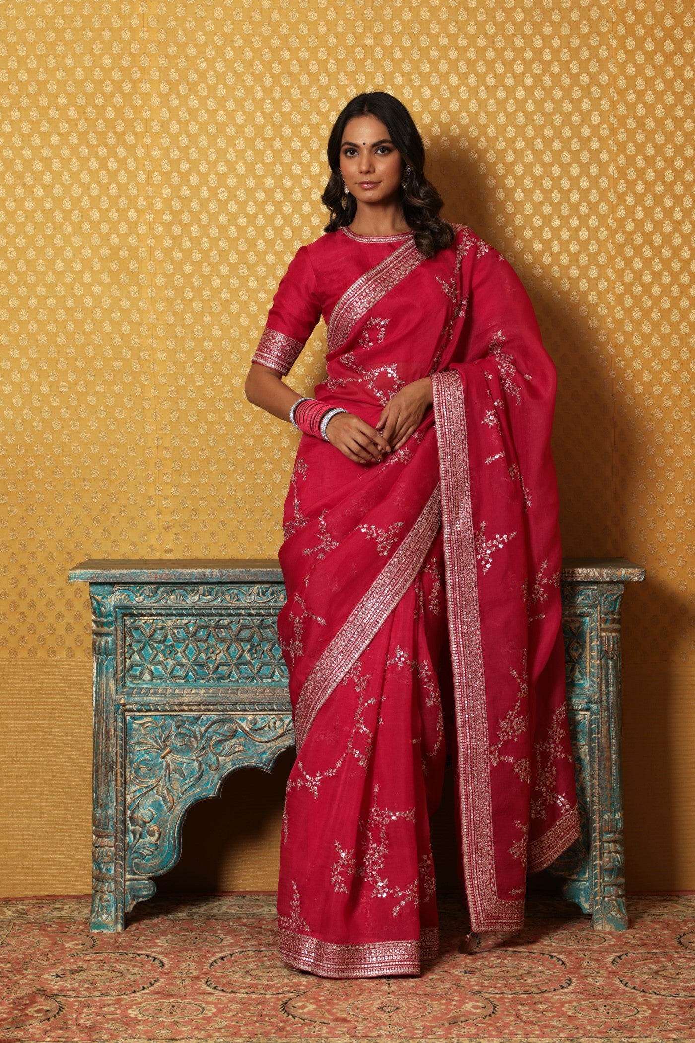 Hand-Embroidered Rani-Pink Pure Silk- Organza Saree-Blouse Set