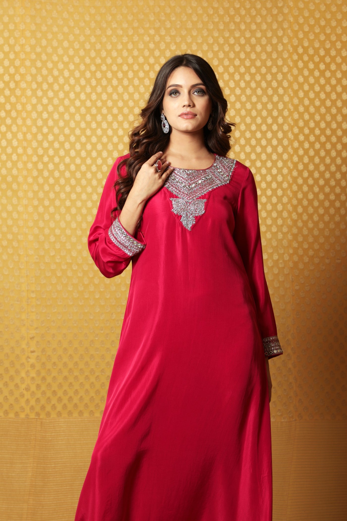 Jazzy-Pink Hand-Embroidered Pure Silk Long Dress