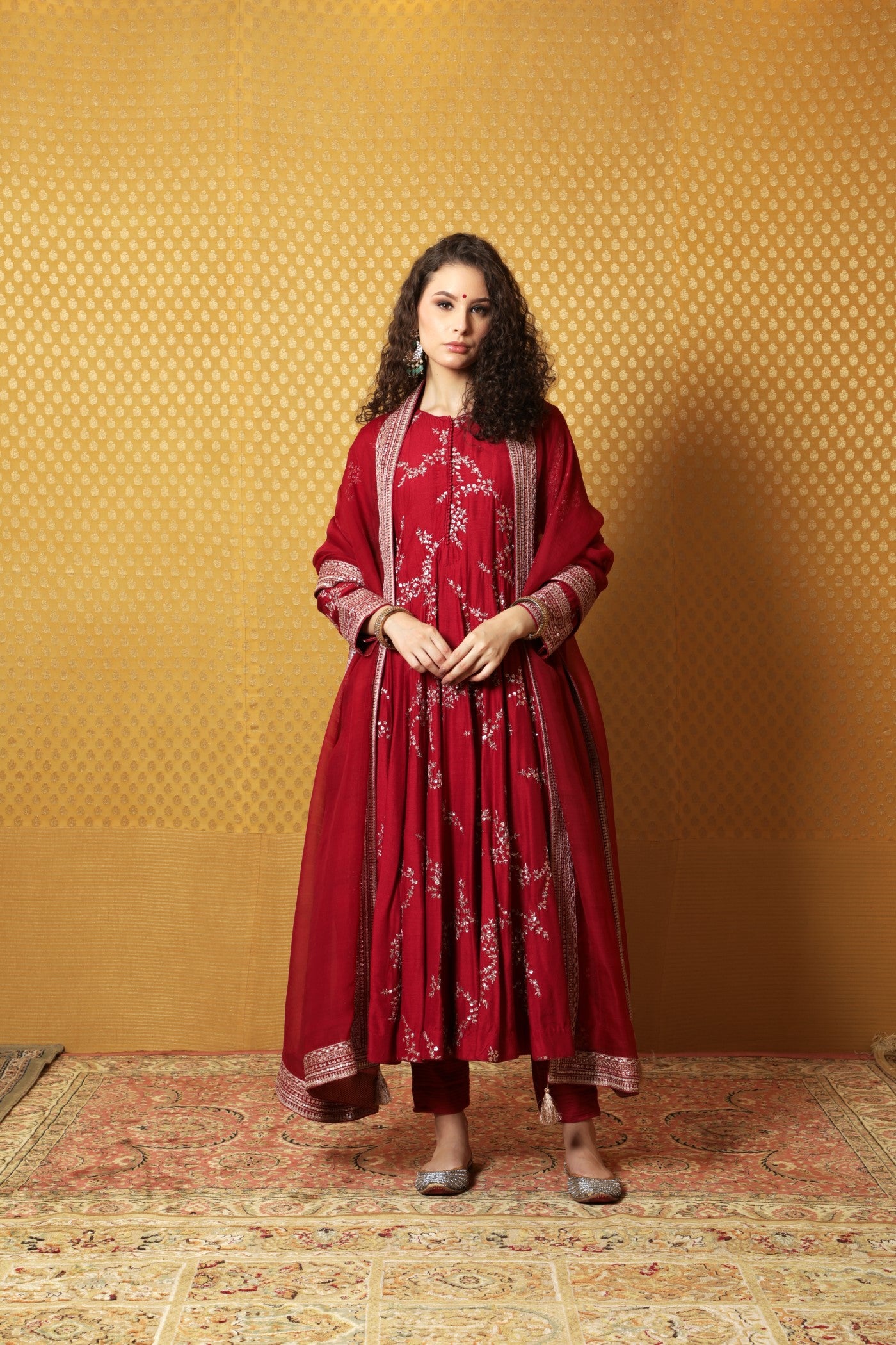 Hand-Embroidered Maroon Pure Muga-Silk Anarkali-Pants Set